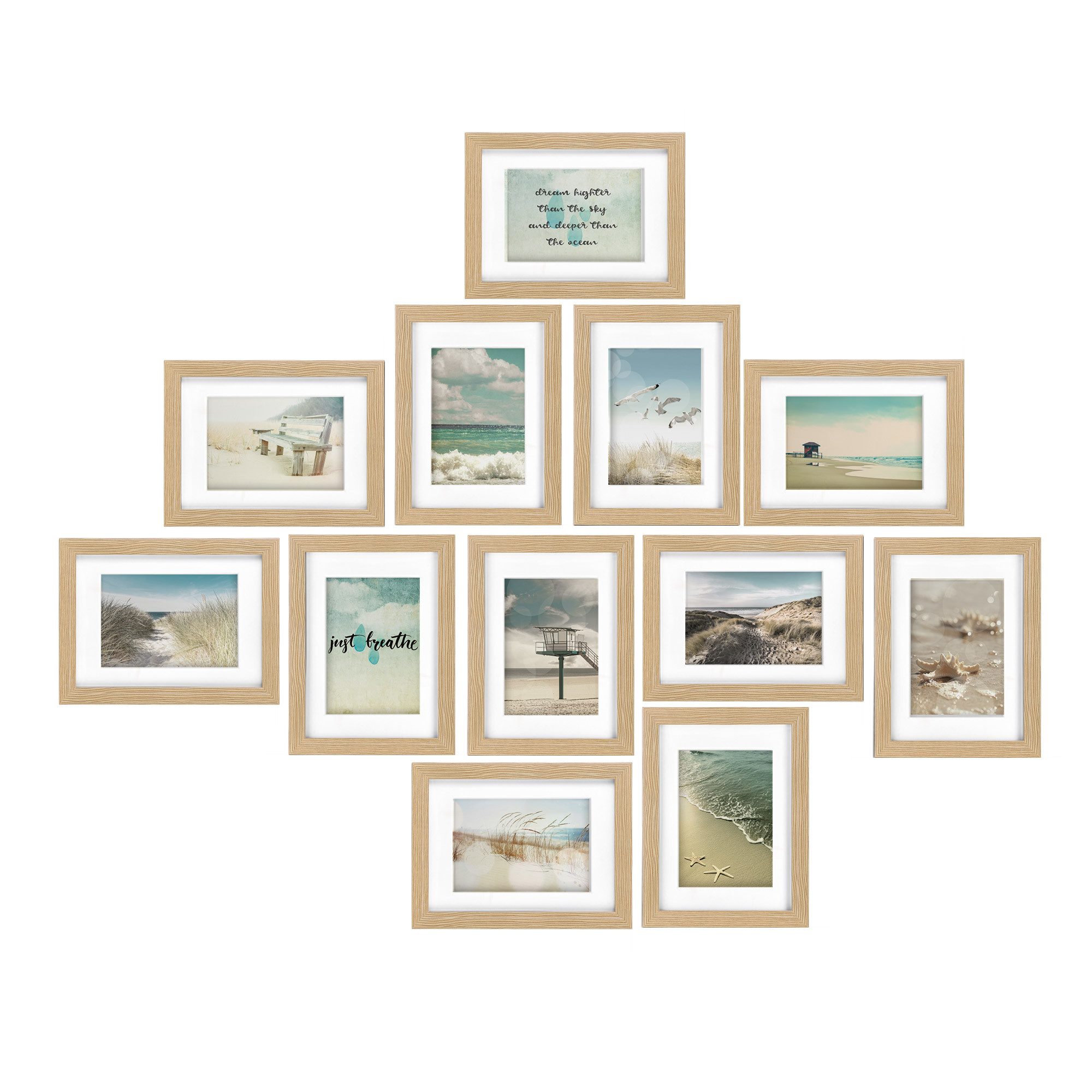 bomoe Bilderrahmen 12er Bilderrahmen Set Ocean, 13x18cm, Eiche, Fotorahmen Collage für 13x18 cm Holzbilderrahmen mit Passepartout