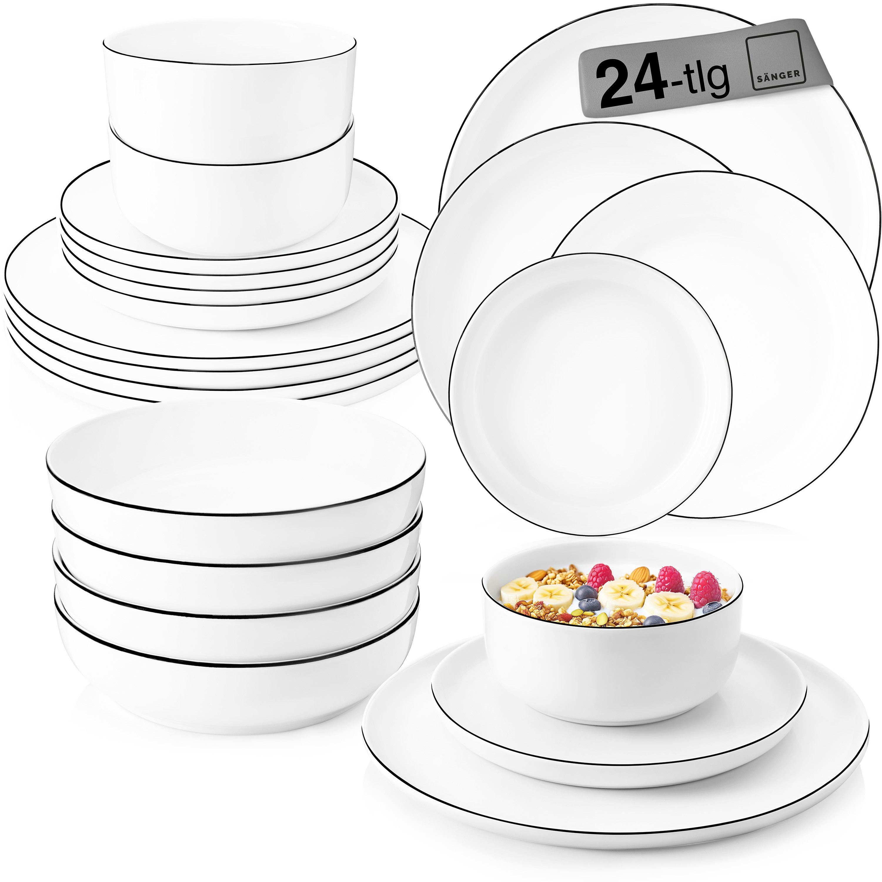 SÄNGER Tafelservice Marlo Geschirrset (24-tlg), 6 Personen, Porzellan, Black Rim, Weiß mit schwarzen Akzenten, Premium Collection