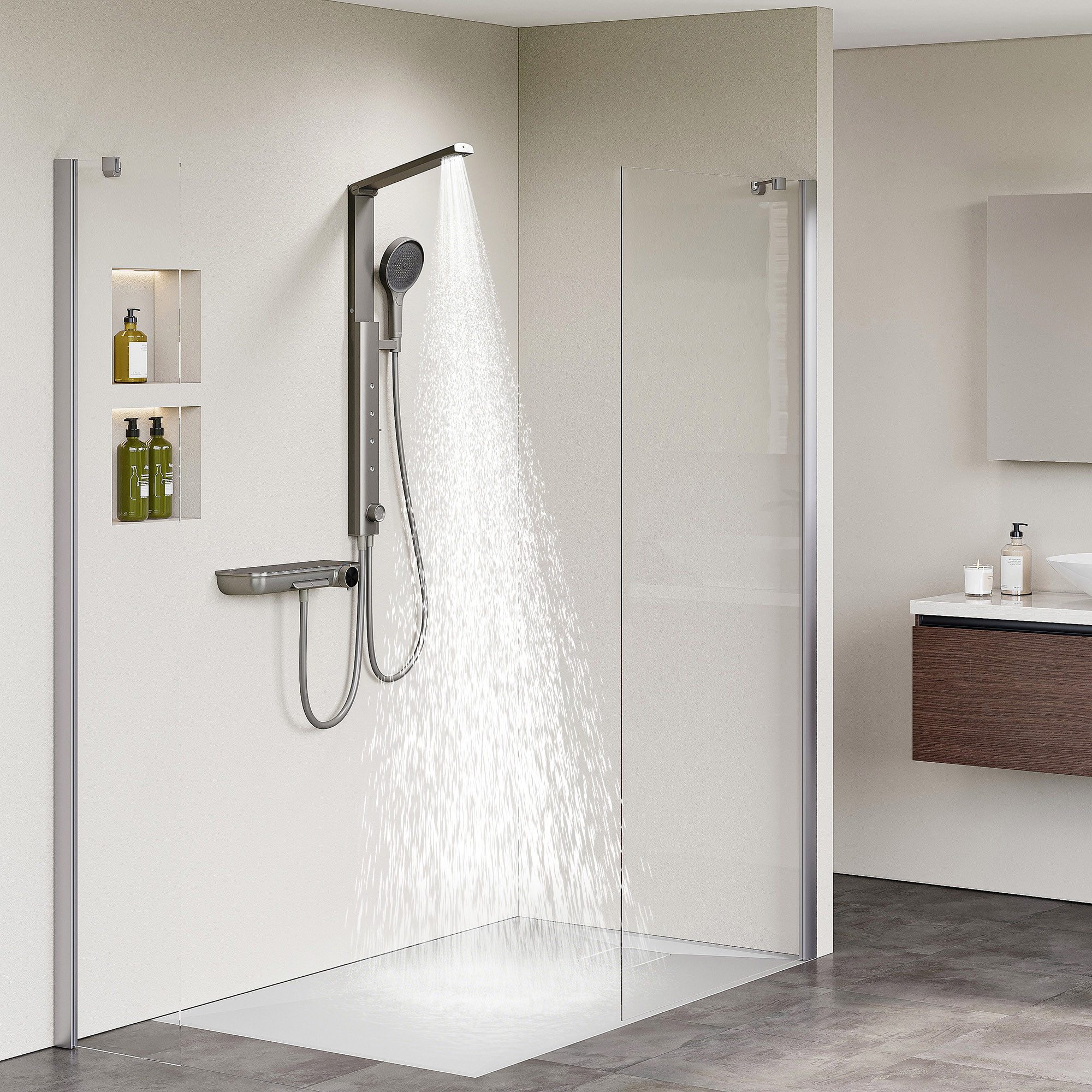 HOROW Duschsystem Brausegarnitur mit Thermostatarmatur und faltbarer Regendusche, 4 Strahlart(en), Regendusche Set, 3 Massage-Modi, Klappbares Duschset, Höhenve – Bild 3 von 5