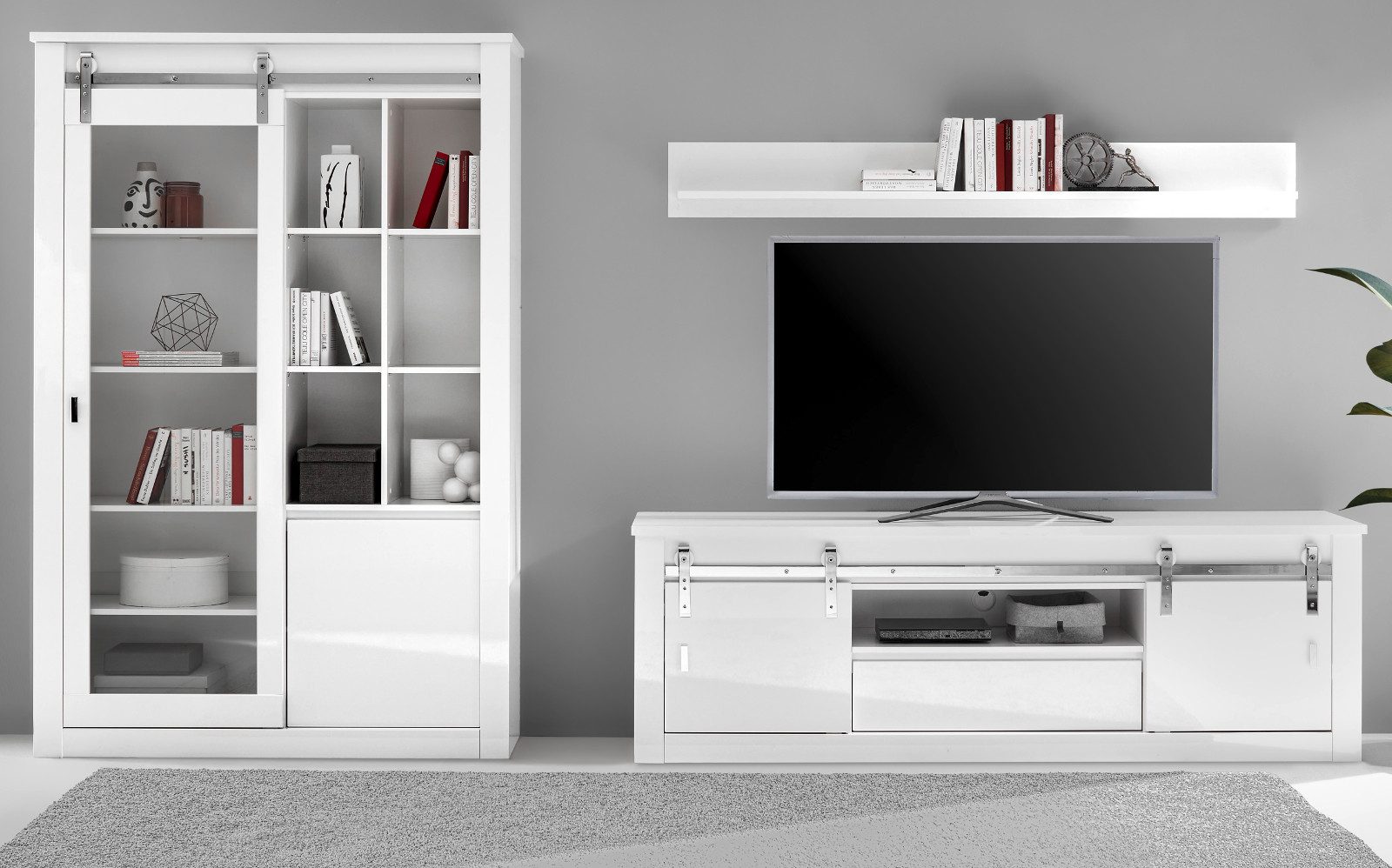 Furn.Design Wohnwand Miami, (Wohnzimmer Kombination in Weiß Hochglanz mit Chrom, 3-teilig, 349 x 201 cm), mit Schiebetüren und Soft-Close