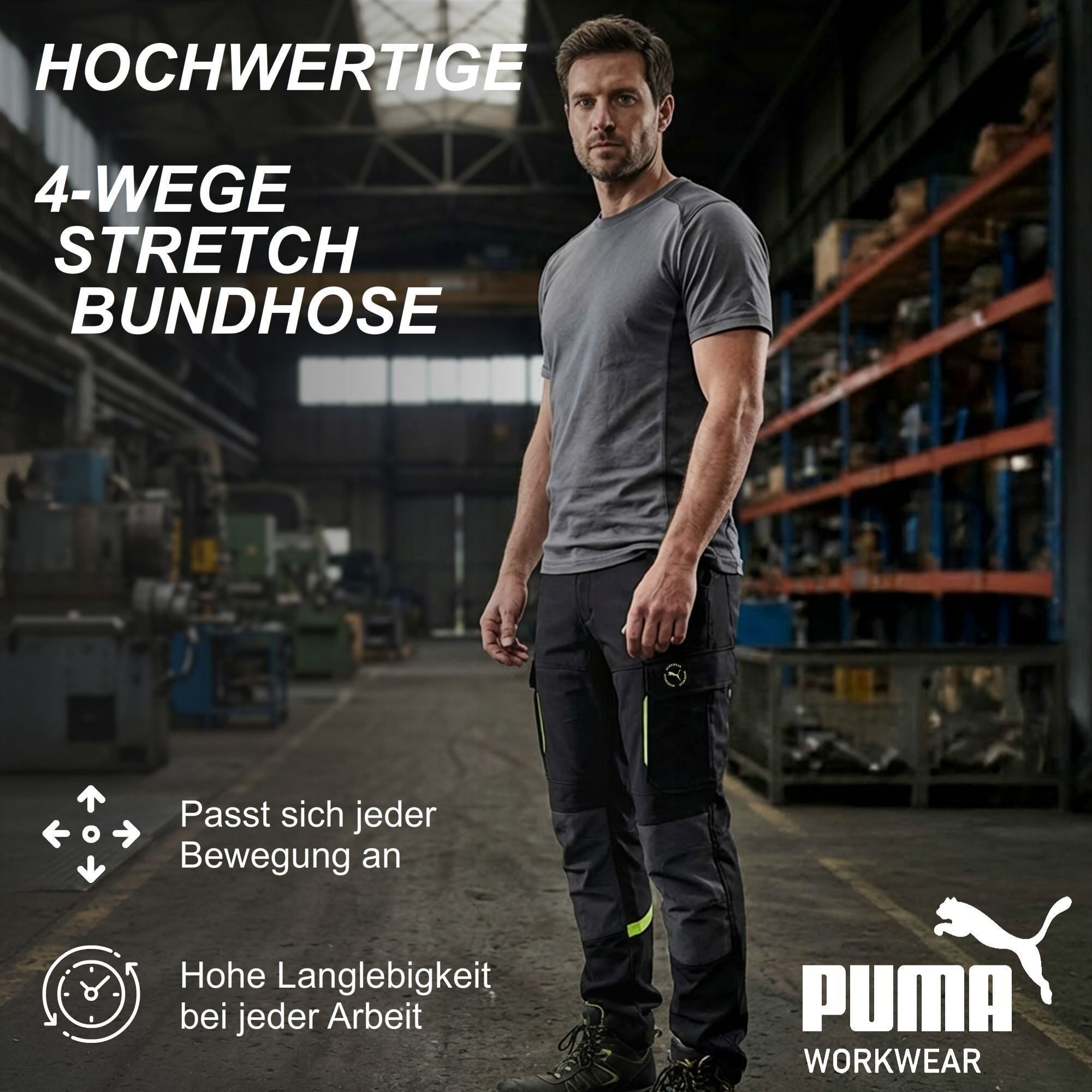PUMA Workwear Arbeitshose Herren - Mit 4-Wege Stretch - Robust - verstärkter Kniebereich Gummizug - Erhöhtes Rückenteil - Bundhose mit verlängerbarem Hosensaum