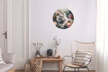 MuchoWow Wandsticker Tiger - Wildtiere - Blumen - Dschungel (1 St), Tapetenkreis für Kinderzimmer, Tapetenaufkleber, Rund, Wohnzimmer