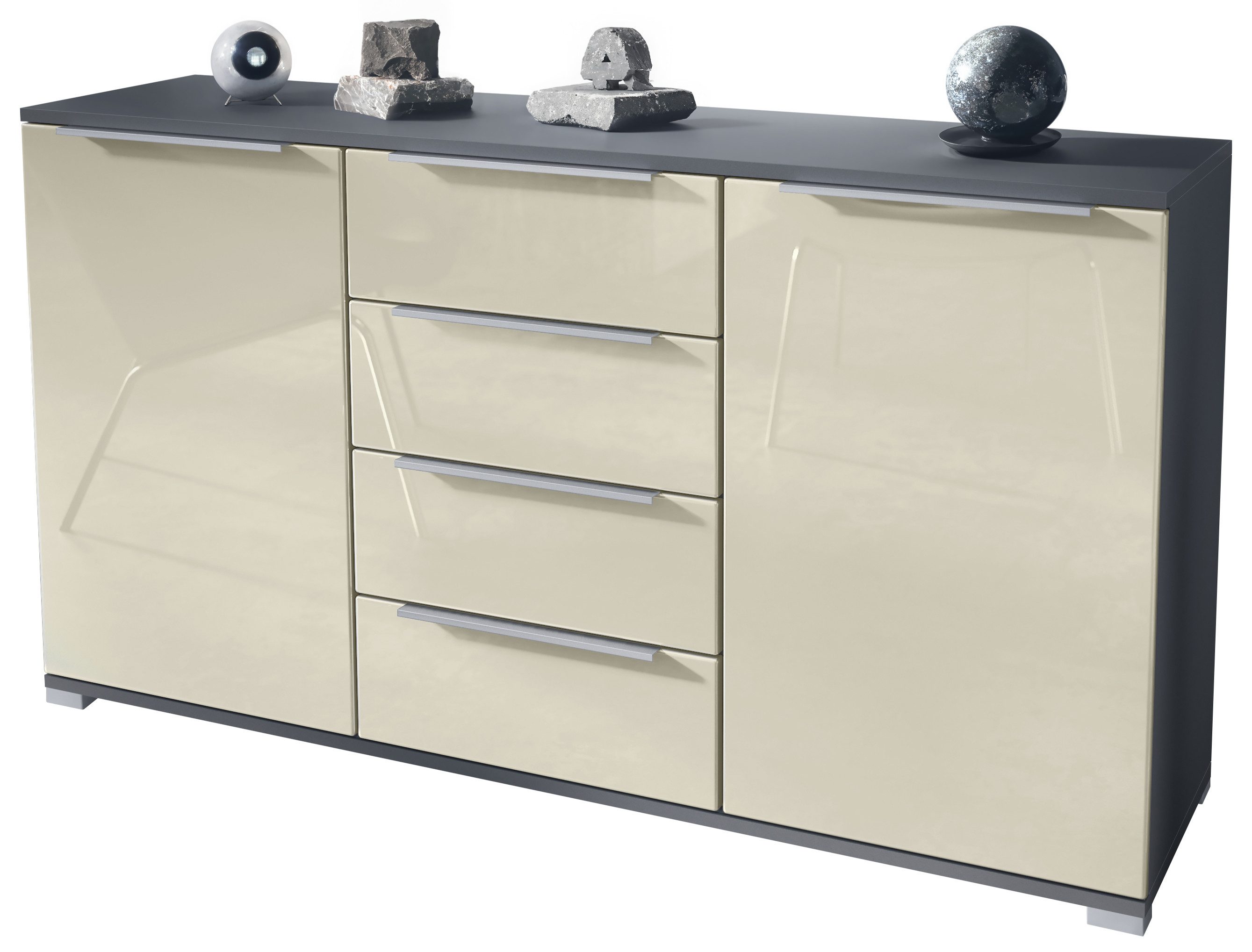 Vladon Sideboard Linio V1 (Anrichte, mit 2 Türen und 4 Schubladen), Anthrazit matt/Creme Hochglanz (138,5 x 75,5 x 35 cm)