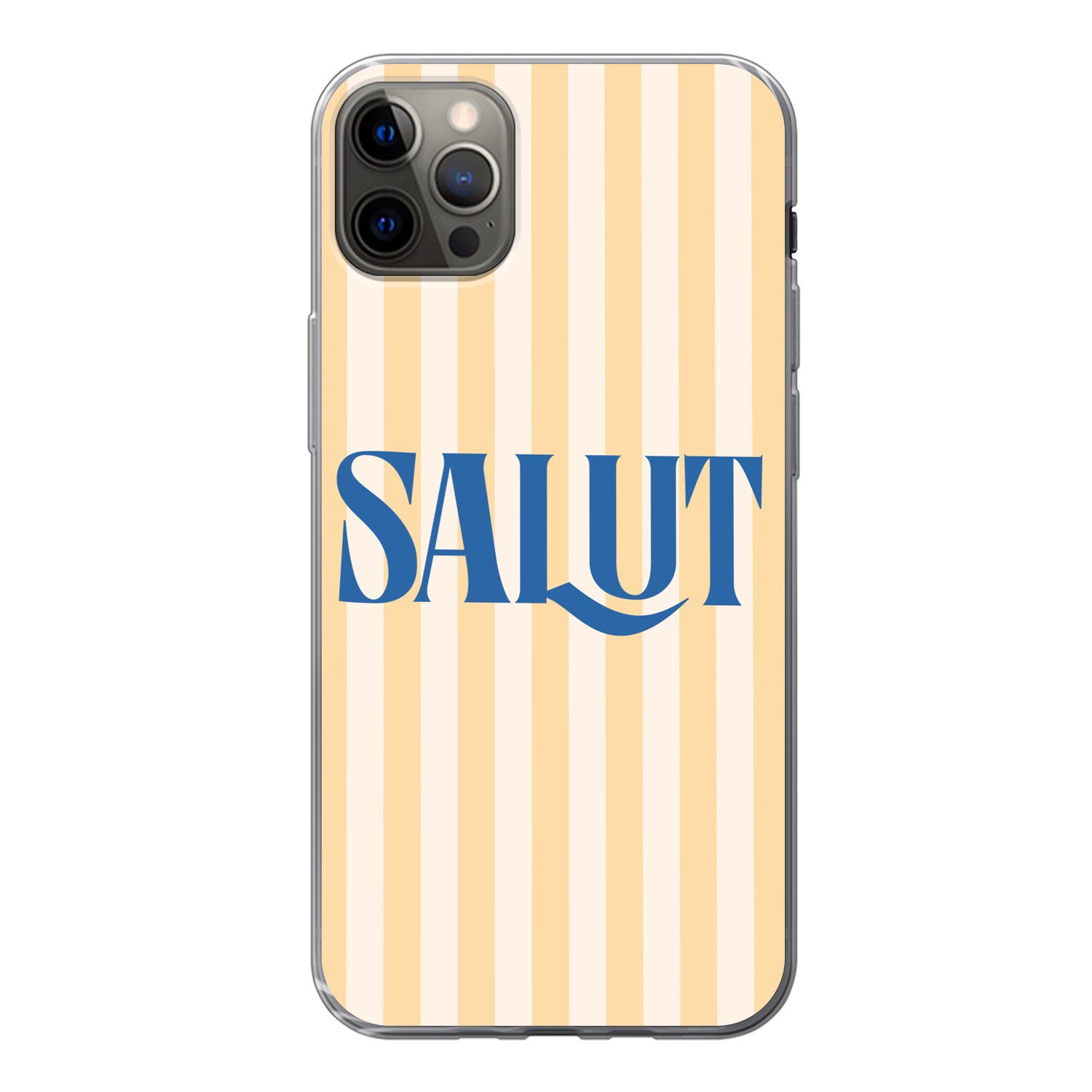 MuchoWow Handyhülle für Apple iPhone 12 Pro Max Salut - Zitat - Streifen - Gelb - Blau - W, Smartphone-Bumper, Print, Handy Schutzhülle Dünn