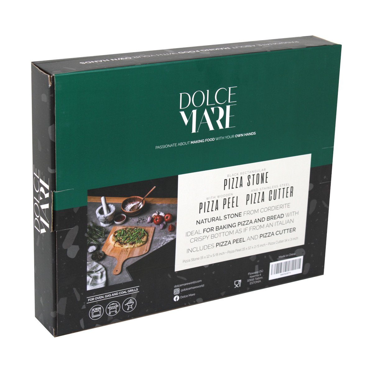 Dolce Mare Pizzastein Set schwarz Bambus Pizzaschieber Edelstahl Pizzaschneider, Cordierit