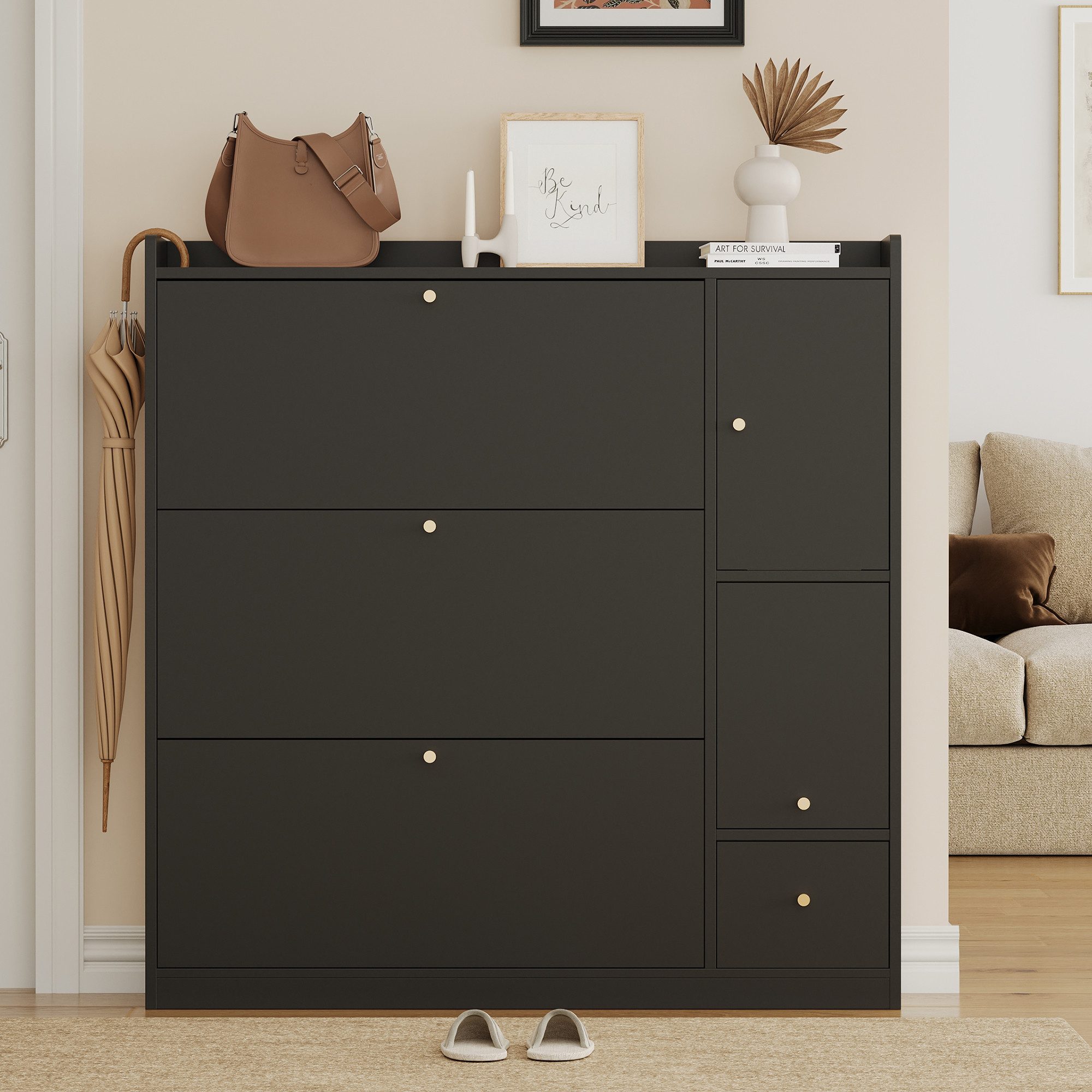 MODFU Schuhschrank mit 3 Klappschubladen (mit herunterklappbarer Sitzbank, Stauraum-Organizer für Flur,Modernes Design., 1-St., B119/D24/H122 cm) Mit Kippsicherung