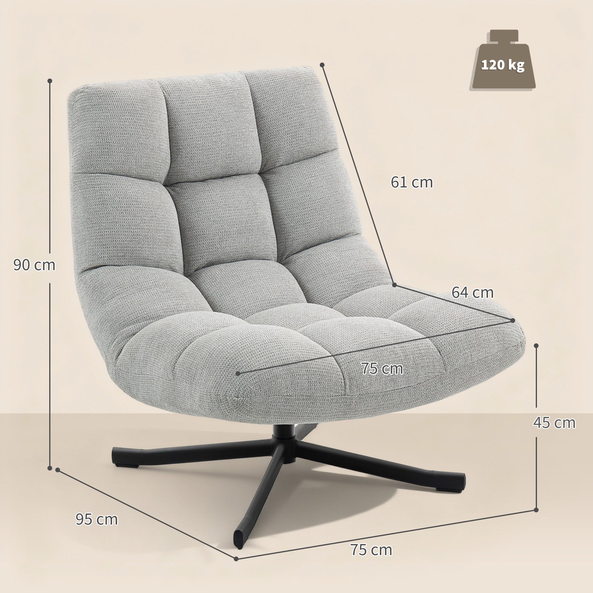 HOMCOM Relaxsessel Sessel Drehbar mit Breiter Sitzfläche, gepolstert (gepolstert Sessel, 1-St., Drehbar Loungesessel), für Wohnzimmer, Schlafzimmer, Hellgrau
