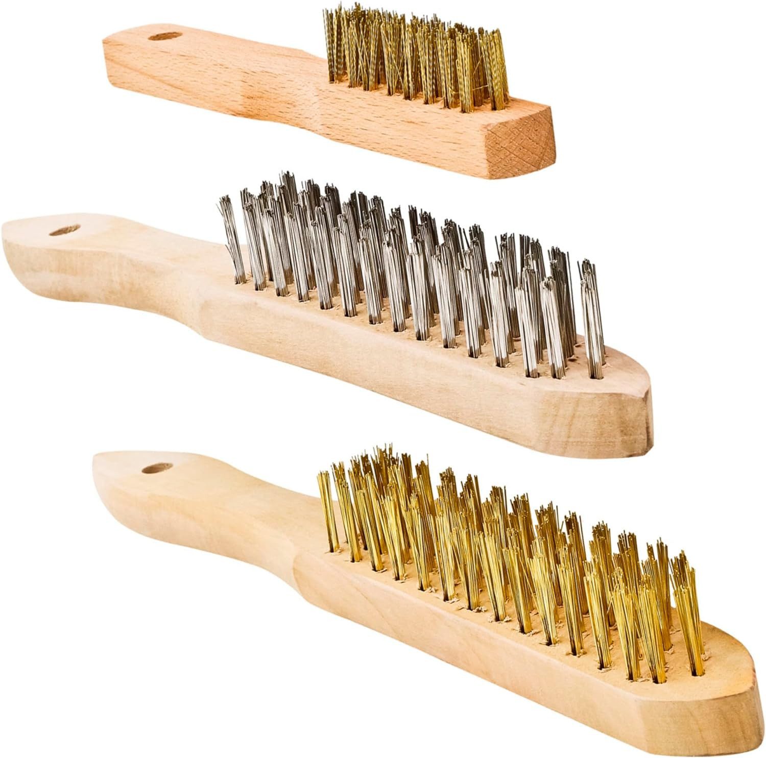 S&R Drahtbürste Handdrahtbürste Set 3-tlg, Проволочные щетки mit Holzgriff, (Set, 3-tlg., 1x Edelstahl 290mm + 2x Messingbürsten 290mm und 180mm), für Metall, Holz, Grill, Industriebürste Handdrahtbürstensatz