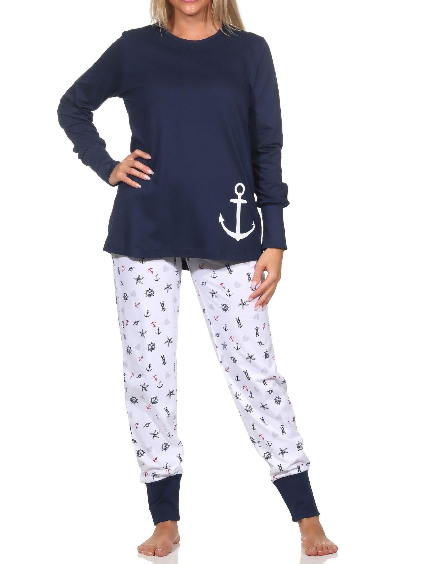 Pyjama Normann Damen Schlafanzug mit Bündchen in maritimer Optik