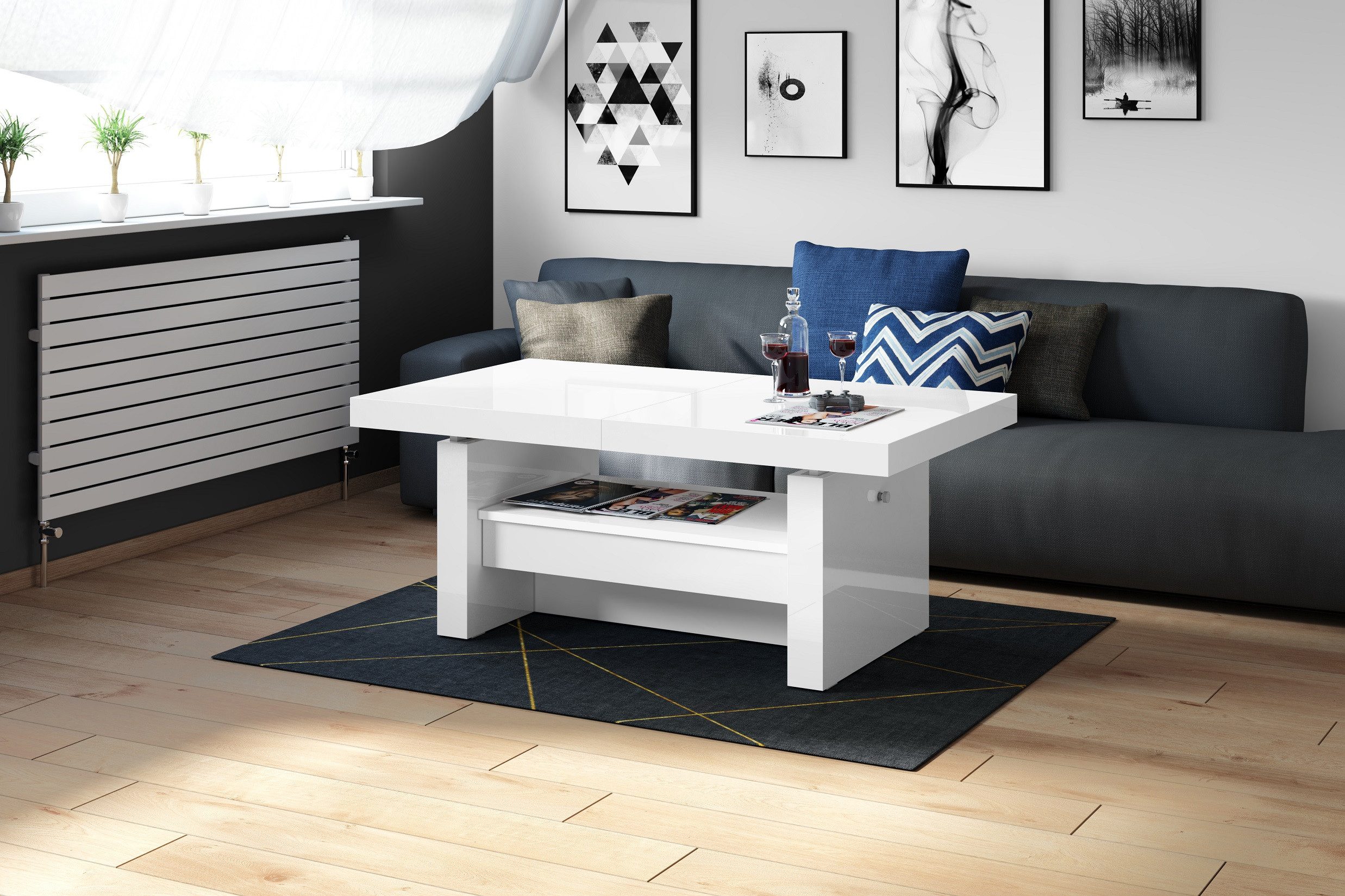 designimpex Couchtisch Aversa H-111 Weiß Hochglanz Schublade höhenverstellbar ausziehbar, Funktionstisch, Wohnzimmertisch, Tisch, Esstisch, Sofatisch, Schublade