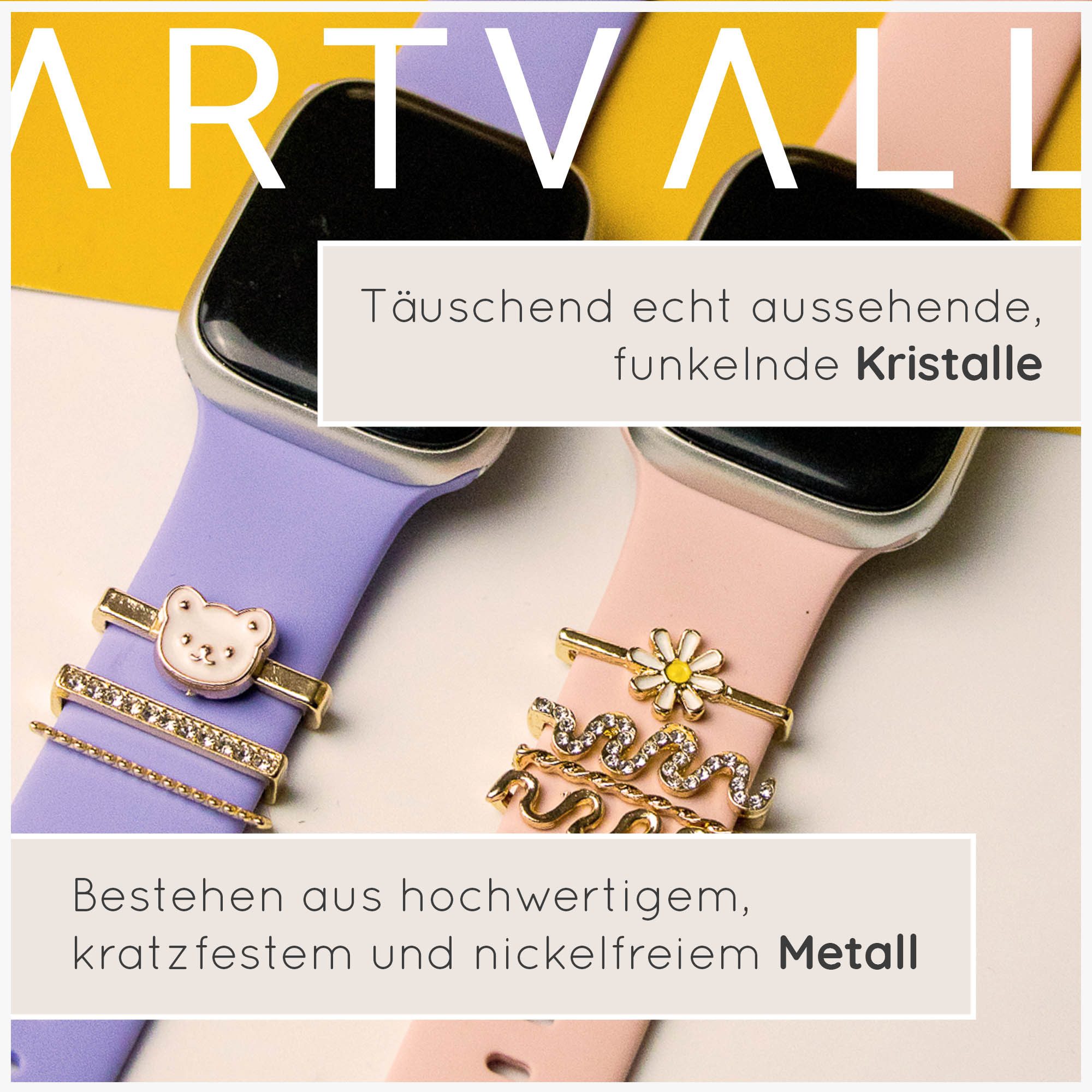 EAZY CASE Smartwatch-Armband Apple Watch Charms Set 38/40/41mm & 42/44/45/49mm, Smartwatch Schmuck Blume Glitzer Gold – Bild 5 von 5