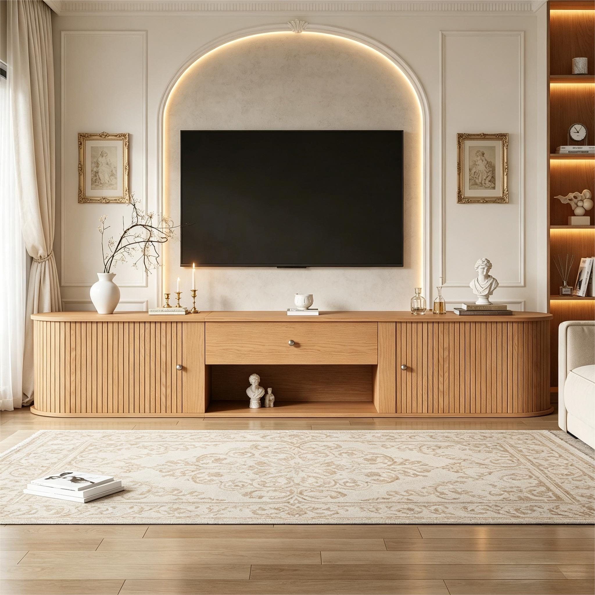 Merax Lowboard mit 2 Rollo-Türen, Schublade und offenem Fach (1 St), TV-Schrank mit abgerundetes Design in Holzoptik, 180x40x40cm