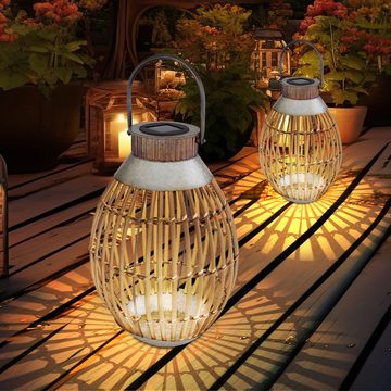 etc-shop Außen-Deckenleuchte, LED-Leuchtmittel fest verbaut, Warmweiß, Gartendeko Laterne Solar Windlicht für Außen, Bambusgeflecht