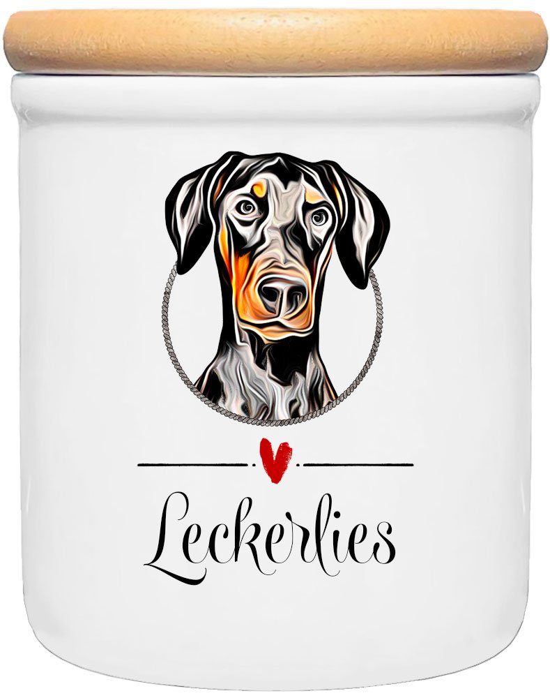 Cadouri Vorratsdose DOBERMANN - Leckerlidose Hund - für Hundekekse, Keramik, (Leckerlidose mit Hunderasse, 2-tlg., 1x Keramikdose mit Holzdeckel), Hundekeksdose, handgefertigt in Deutschland, für Hundebesitzer, 400 ml