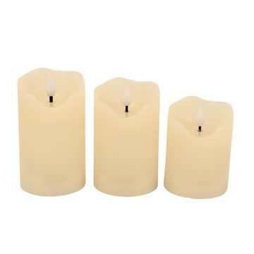 Online-Fuchs LED-Kerze als 3er Set LED Kerzen mit Dimmer SPIEGELNDE FLAMME 697 (Helligkeit über 6 Stufen regulierbar, Timer (2, 4, 6 und 8 Stunden), Echtwachs), Höhe zwischen 10 und 14 cm, Durchmesser 7,5 cm, Fernbedienung