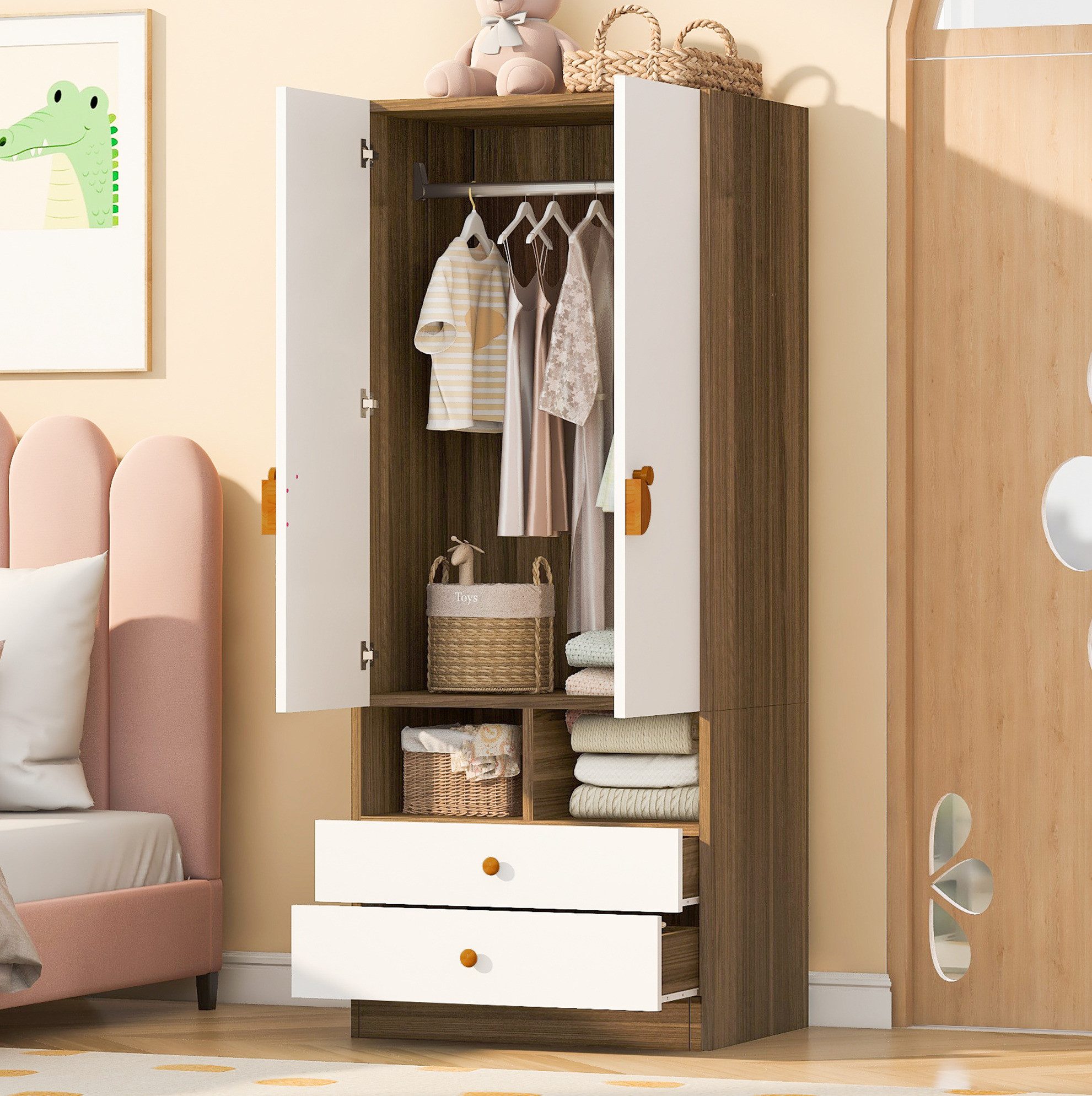 OKWISH Kleiderschrank Garderobenschrank (Einzelkleiderschrank 70x50x170 cm mit 2 Schubladen, Cartoon-Türgriffen und praktischen Ablagefächern, Schlafzimmerschrank für Kinder- und Jugendzimmer)