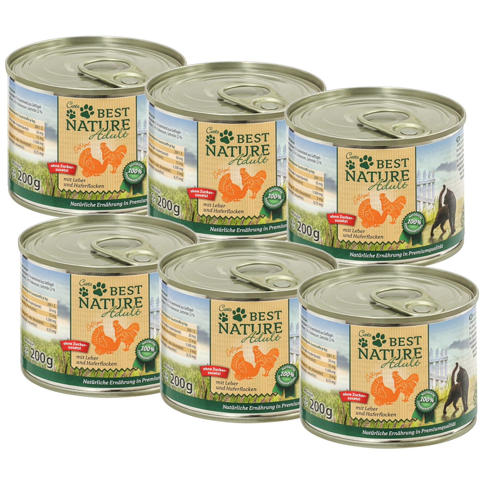 Best Nature Adult Geflügel + Leber + Haferflocken, Nassfutter für Katzen, 6x 200g, Alleinfuttermittel für: Katzen