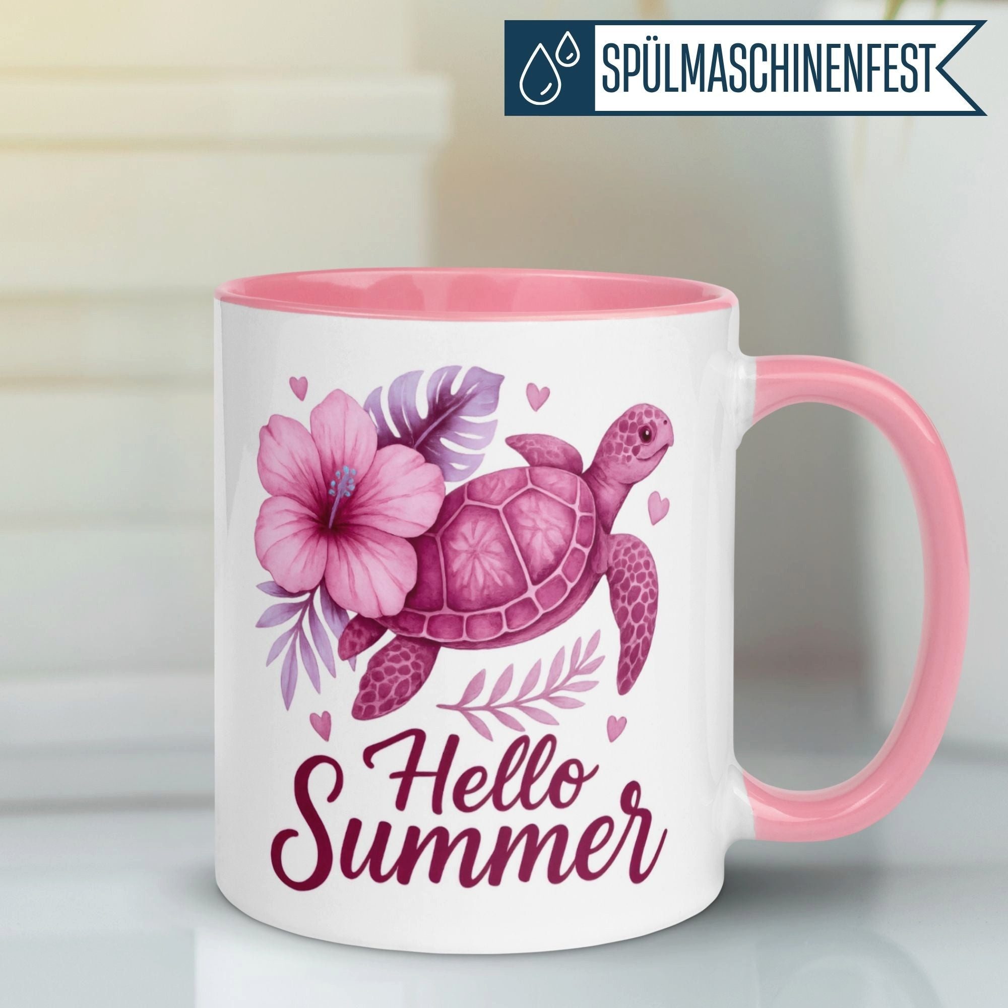 Momentals Tasse Schildkröte – „Hello Summer“ – lustiges Sommer Schildkröten Geschenk, Gratis Versand · Links-&Rechtshänder · Spülmaschinenfest