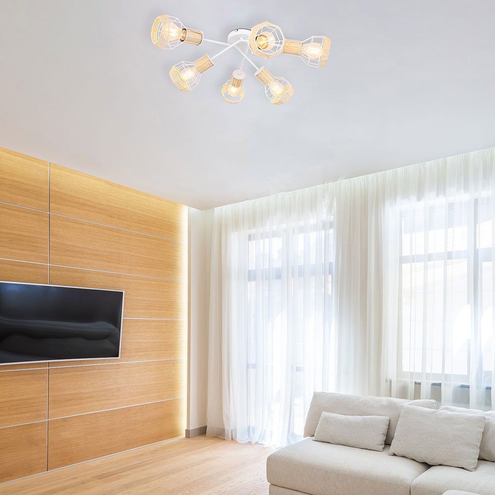 Deckenleuchte Wohnzimmerlampe LED E27 Käfig Spotleuchte weiß Globo Deckenspot, 6x Bast nicht Leuchtmittel inklusive,
