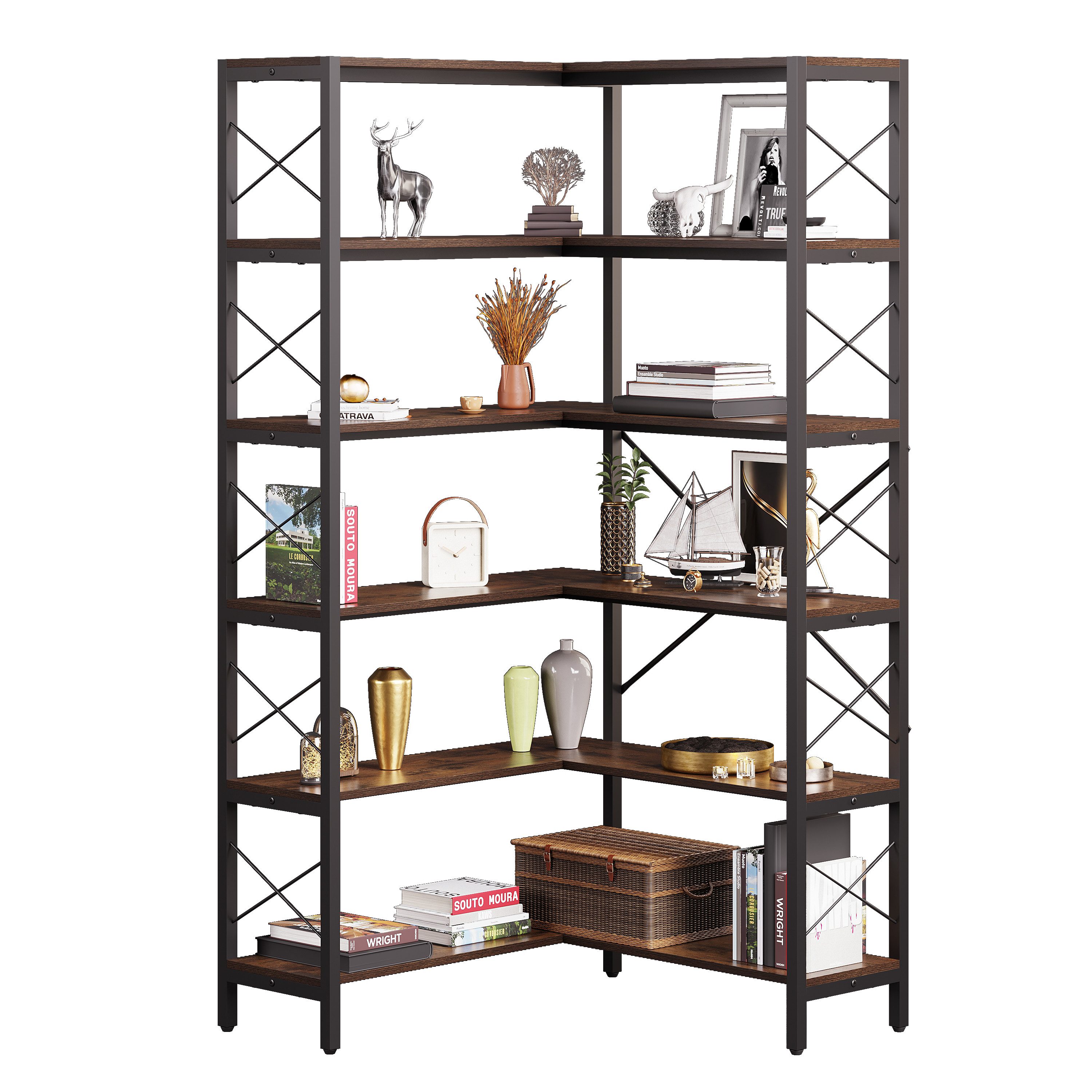 Wildhome Bücherregal Eckregal, 6-Regal Etagere mit Metallrahmen, Offene Lagerung, 1-tlg., Ecke-Schrank für Wohnzimmer & Home Office