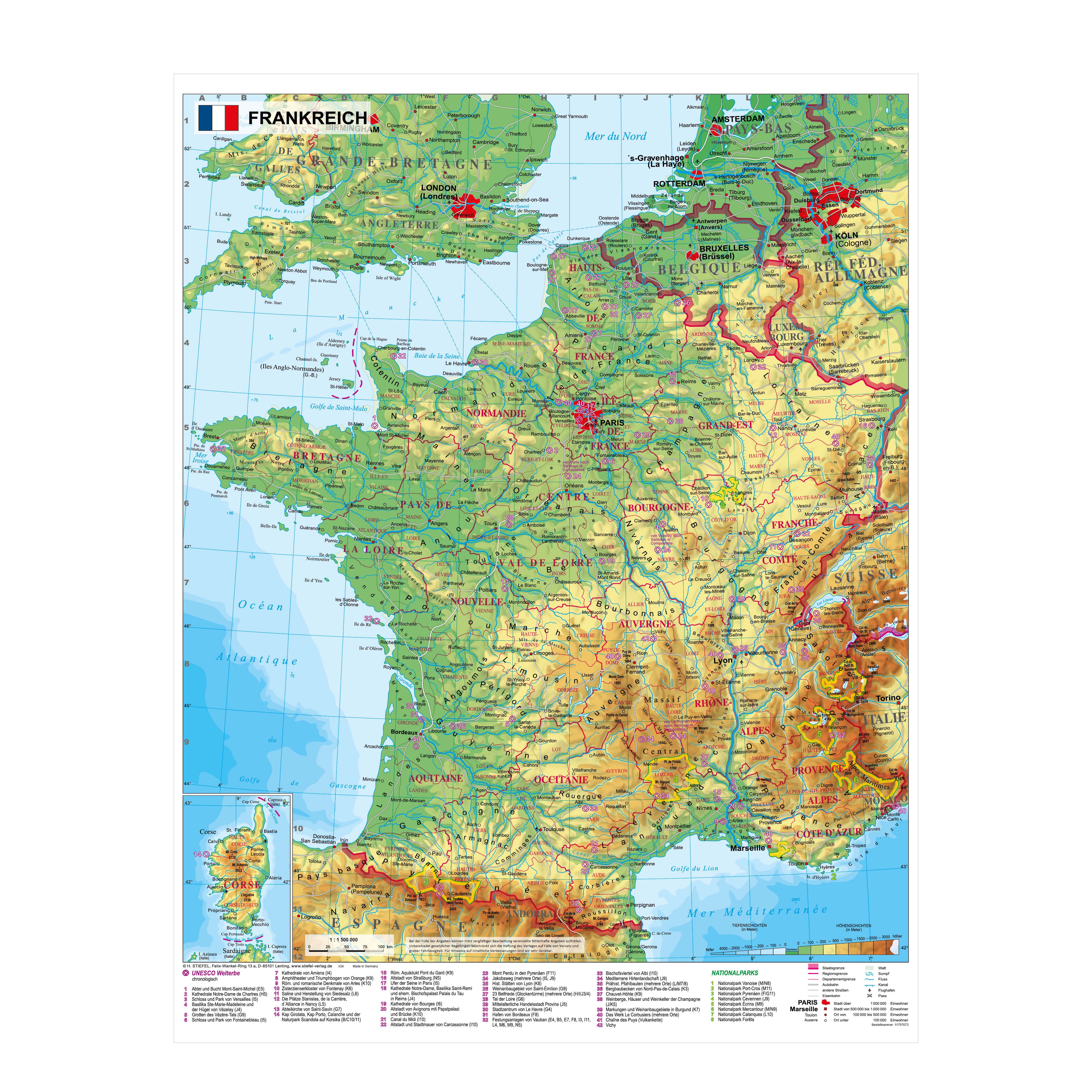 STIEFEL Poster Frankreich mit UNESCO Welterbestätten und Nationalparks, 67 x 86 cm