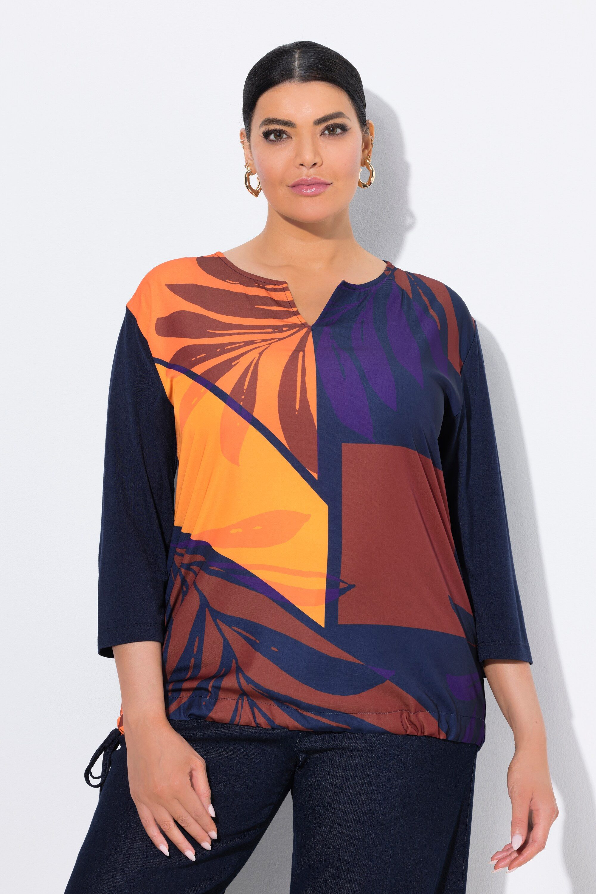 Ulla Popken T-Shirt Shirt Blätter Oversized Tunika-Ausschnitt 3/4-Arm günstig online kaufen