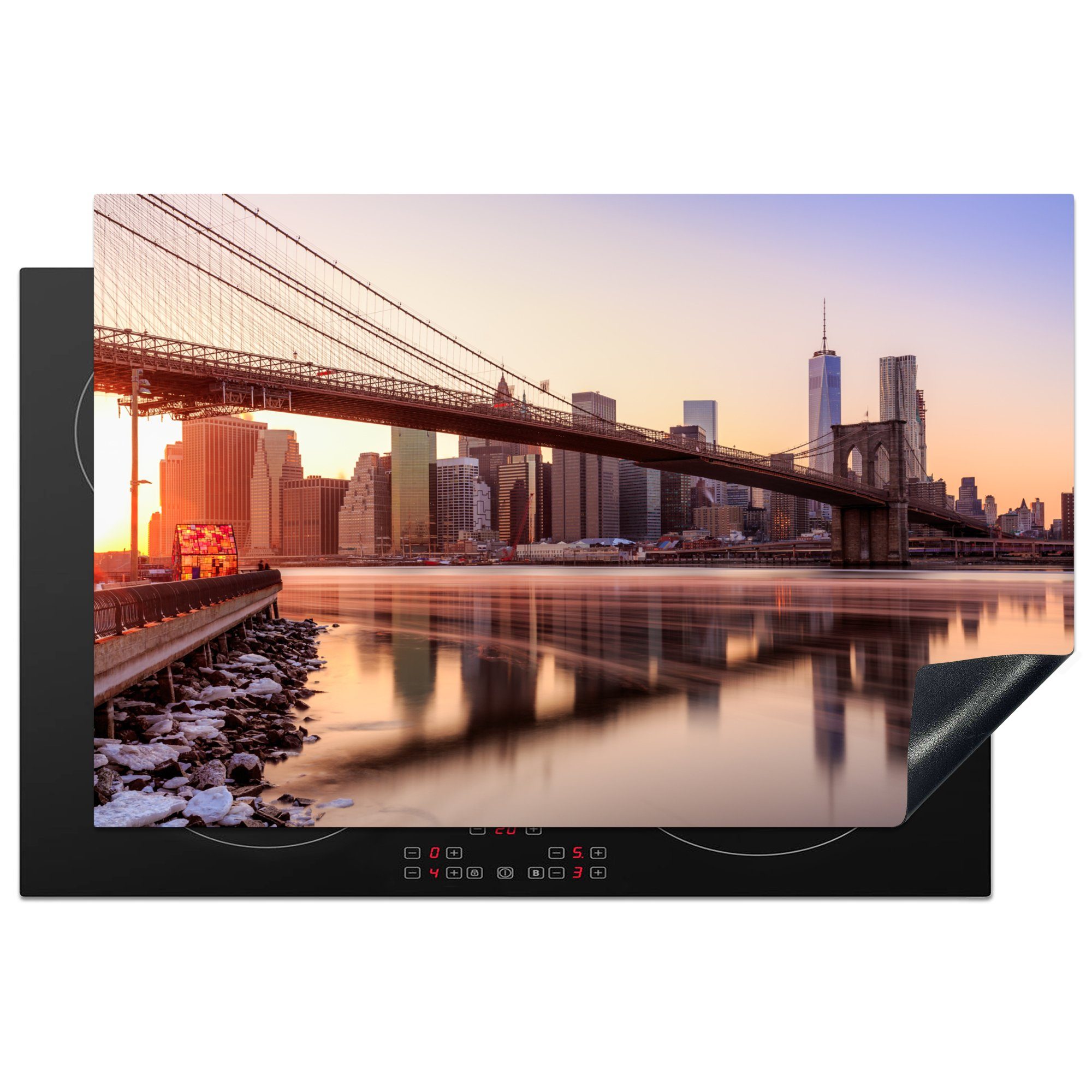 MuchoWow Herdblende-/Abdeckplatte Bunter Himmel über der Brooklyn Bridge in New York, Vinyl, (1 tlg), 81x52 cm, Induktionskochfeld Schutz für die küche, Ceranfeldabdeckung