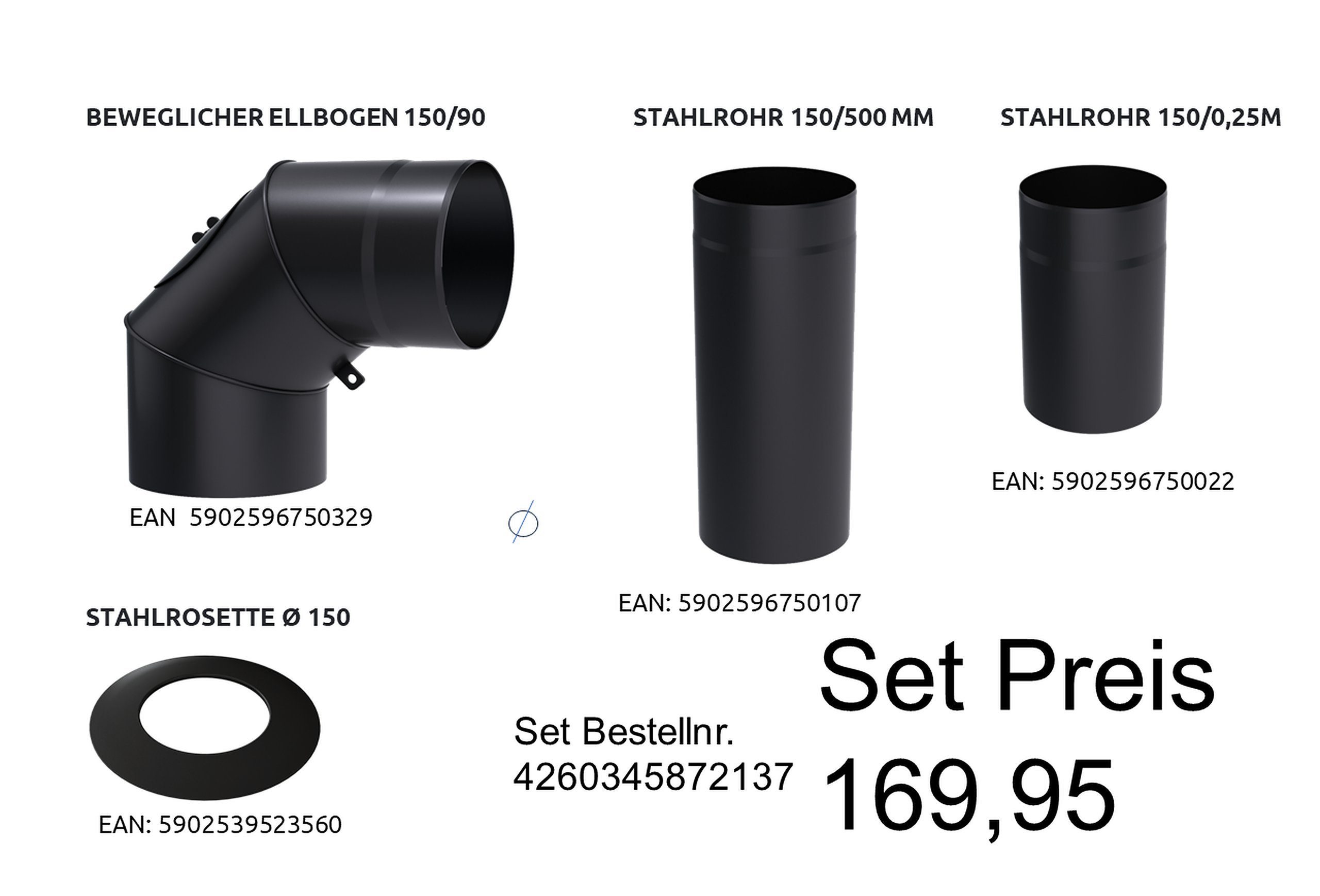 Kratki Ofenrohr Ofenrohr Set Stahl schwarz 150/2mm, (4-tlg)