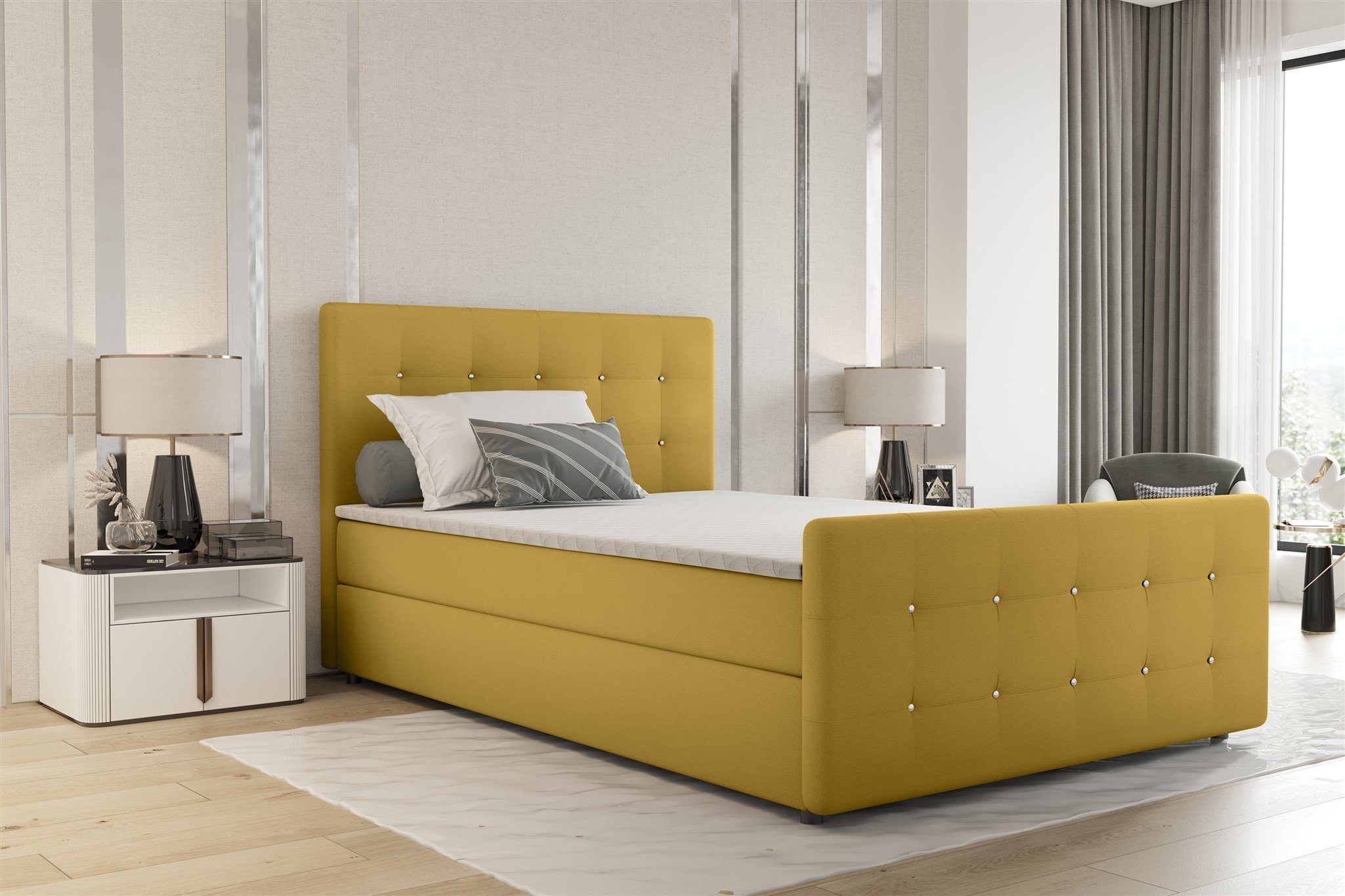 Fun Möbel Boxbett Schlafzimmerbett MARKOS in Stoff Soro (Liegefläche in Stoff und Farbe des Bettes, inkl. Bettkästen und Topper), Strasssteine in Kopf- und Fußteil