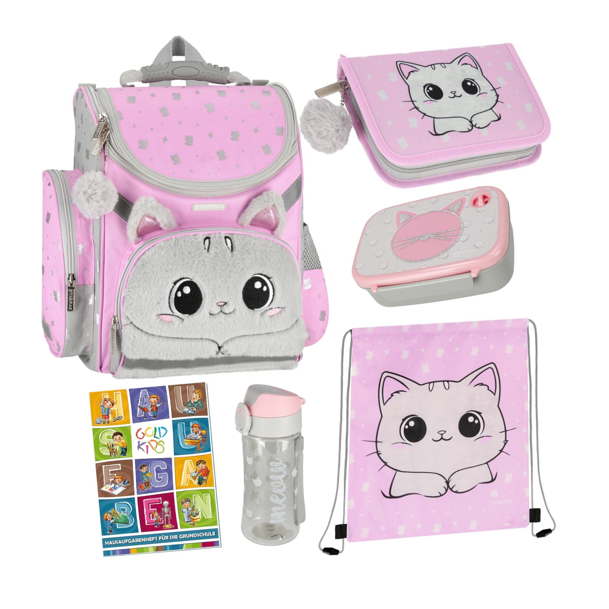 GOLDKIDS Schulranzen für Jungen und Mädchen, 6er-Set - (Schul-Rucksack für Kinder mit Federmäppchen -, 1-tlg., Schuhbeutel Trinkflasche und), Brotdose - Katze Motiv- 1-3 Klasse