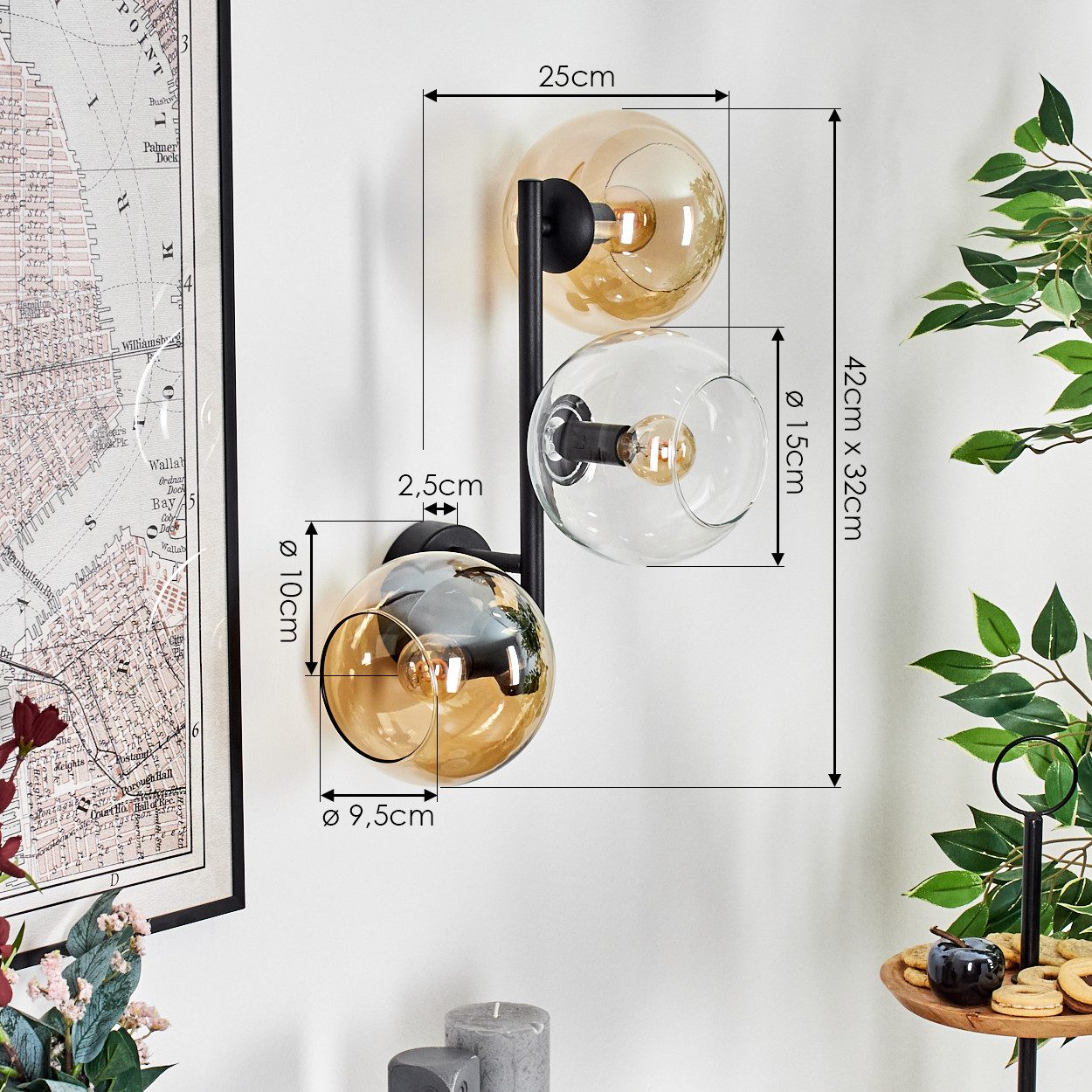 hofstein Wandleuchte Wandlampe aus Metall/Glas in Schwarz/Bernstein/Klar, moderne Leuchte im Retro/Vintage-Design (Schirme Ø 15 cm), E14