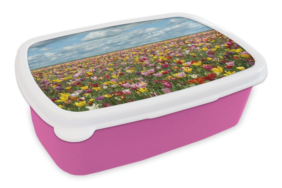 MuchoWow Lunchbox Tulpen - Farben - Wolken, Kunststoff, (2-tlg), Brotbox für Erwachsene, Brotdose Kinder, Snackbox, Mädchen, Kunststoff rosa