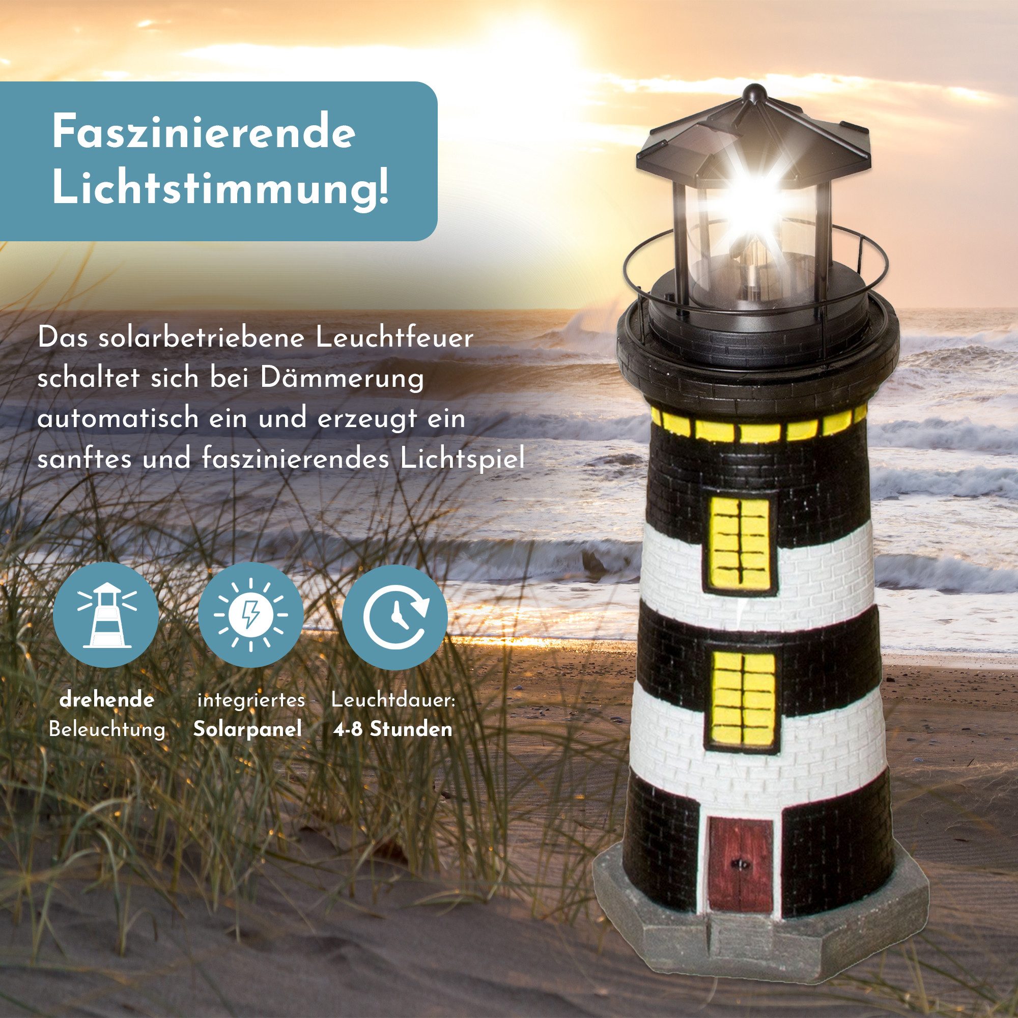 Lemodo LED-Dekofigur Solar-Leuchtturm mit rotierender Leuchte, 37 oder 83 cm hoch