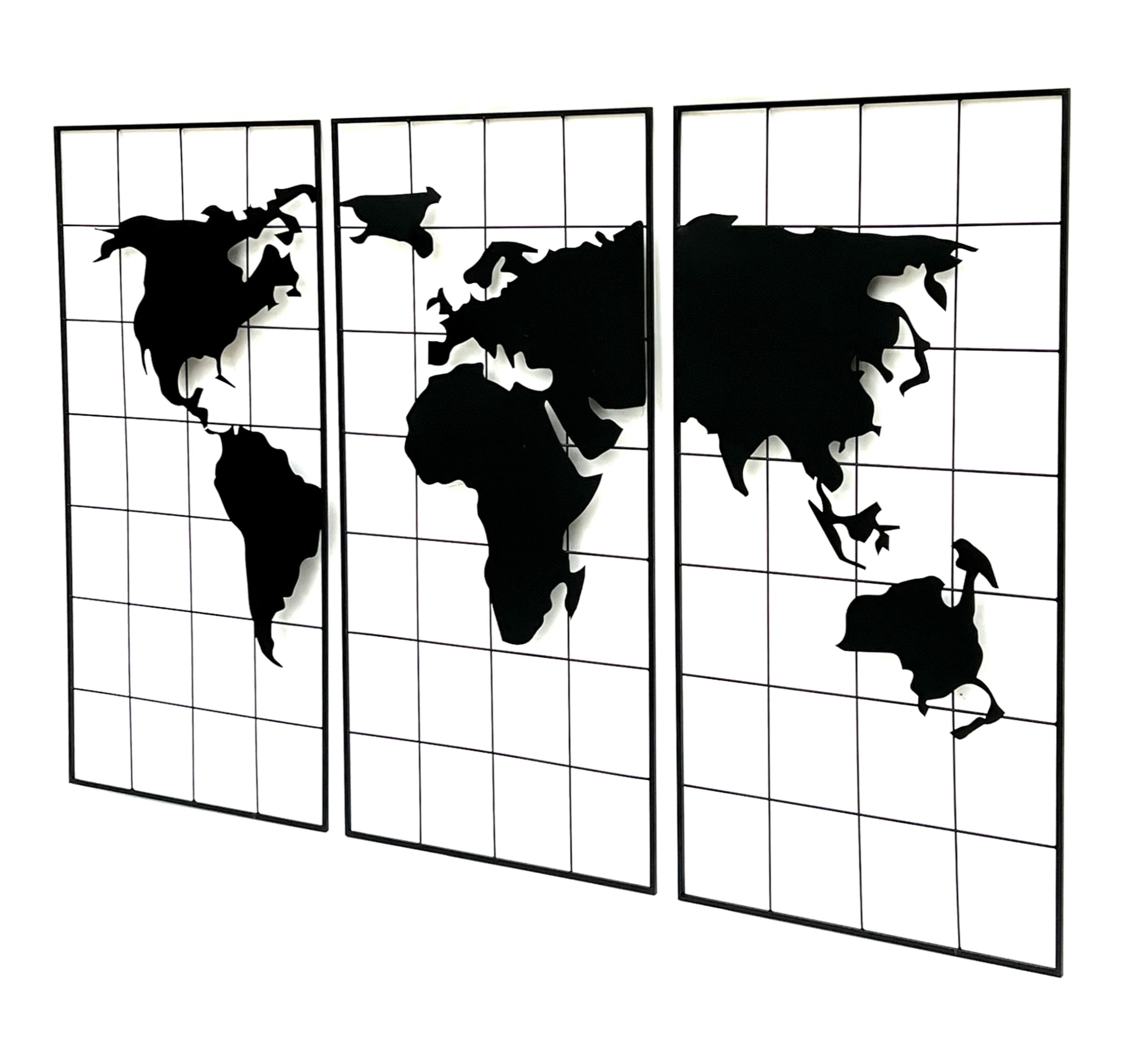 DanDiBo Wandbild Wanddekoration Weltkarte Metall 170x100 cm Schwarz 3-teilig, Dekoschild 210329 Weltatlas Dekoration Schild Wand Wandkunst