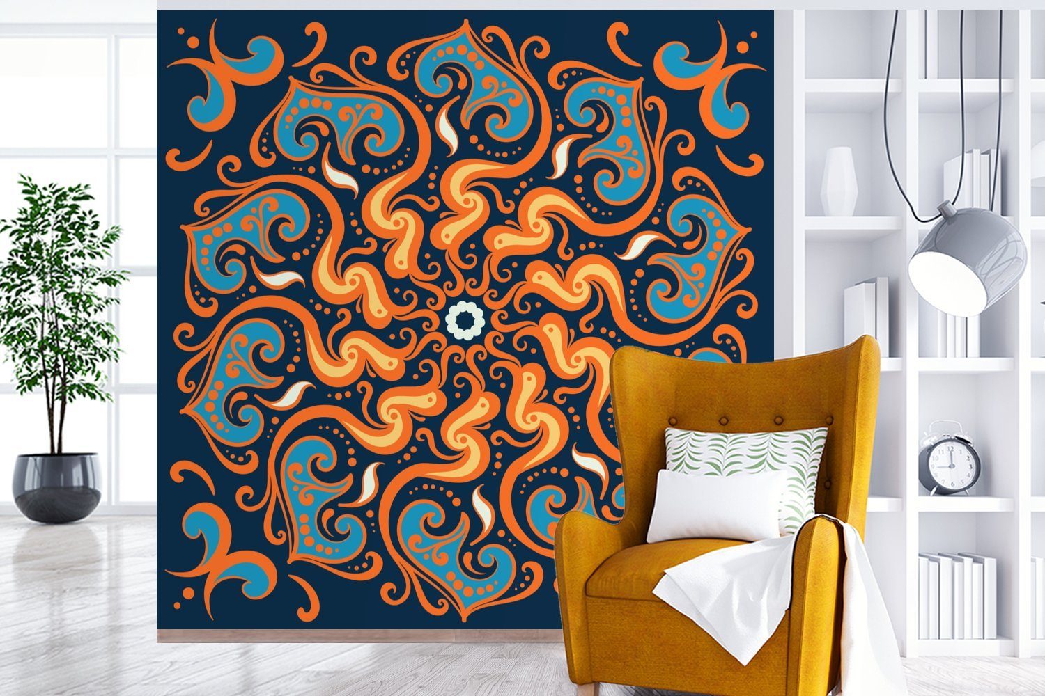 Wohnzimmer Orange, oder Wandtapete Mandala (5 - - St), MuchoWow Matt, bedruckt, Blätter - Vinyl Schlafzimmer, Blume für Fototapete Tapete