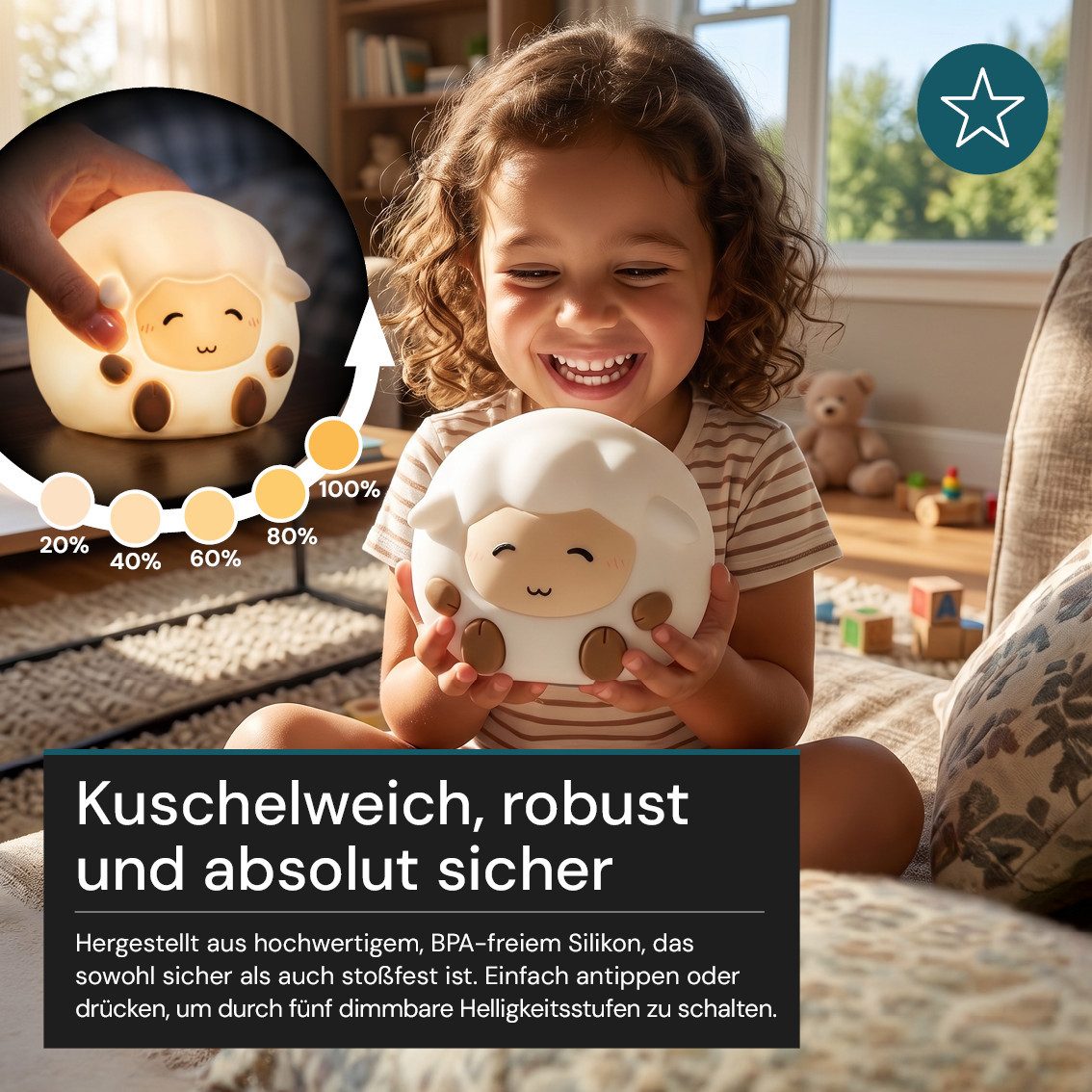 LUXULA LED Nachttischlampe LED-Nachtlicht, LED fest integriert, 1,7W Kinderlampe Weiß aus Silikon durch Drücken dimmbar mit Akku
