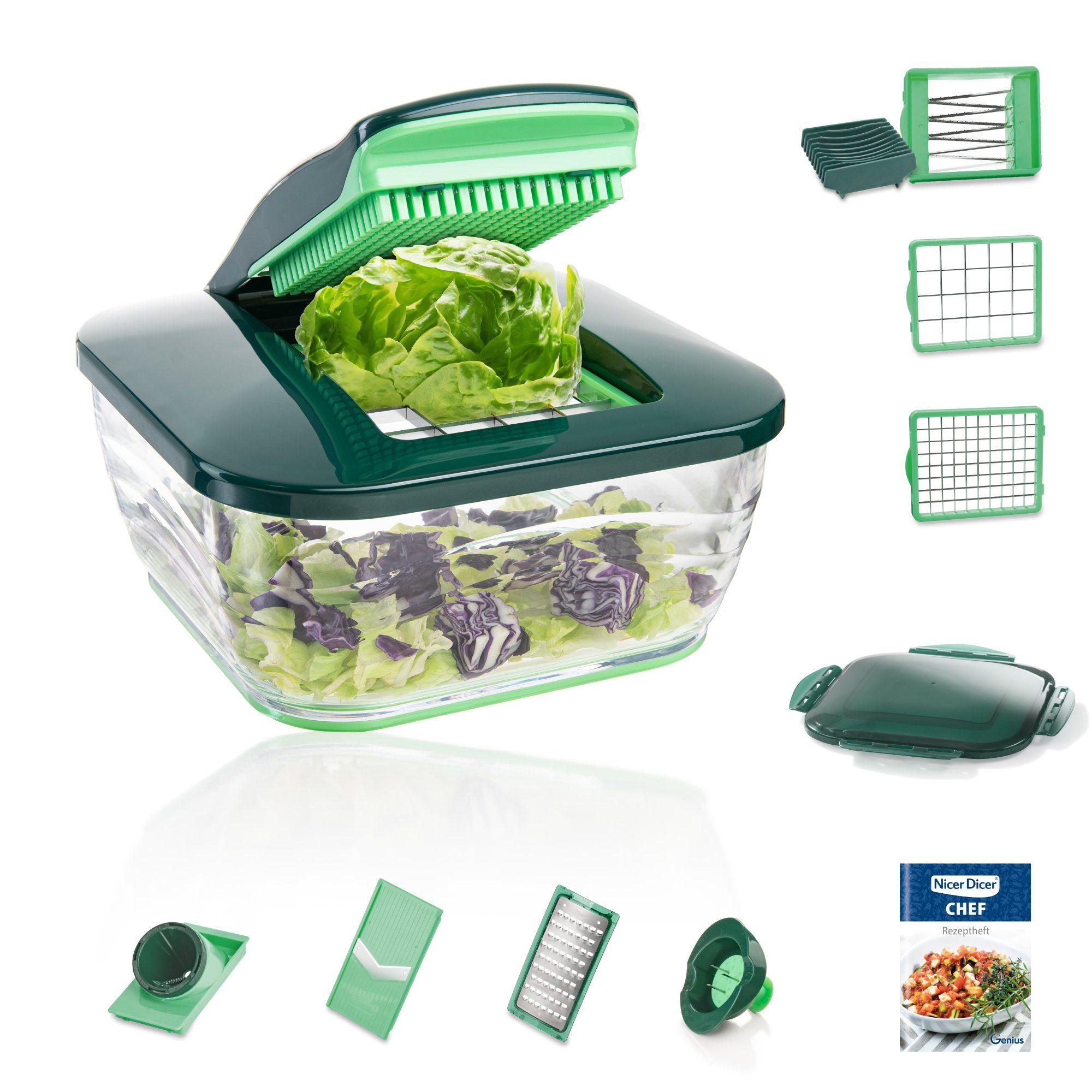 Genius Gemüseschneider Genius Zerkleiner Nicer Dicer Chef 15 Teile Gemüsehobel, Würfelschneider, Tomatenschneider, Zwiebelschneider, Gurkenhobel