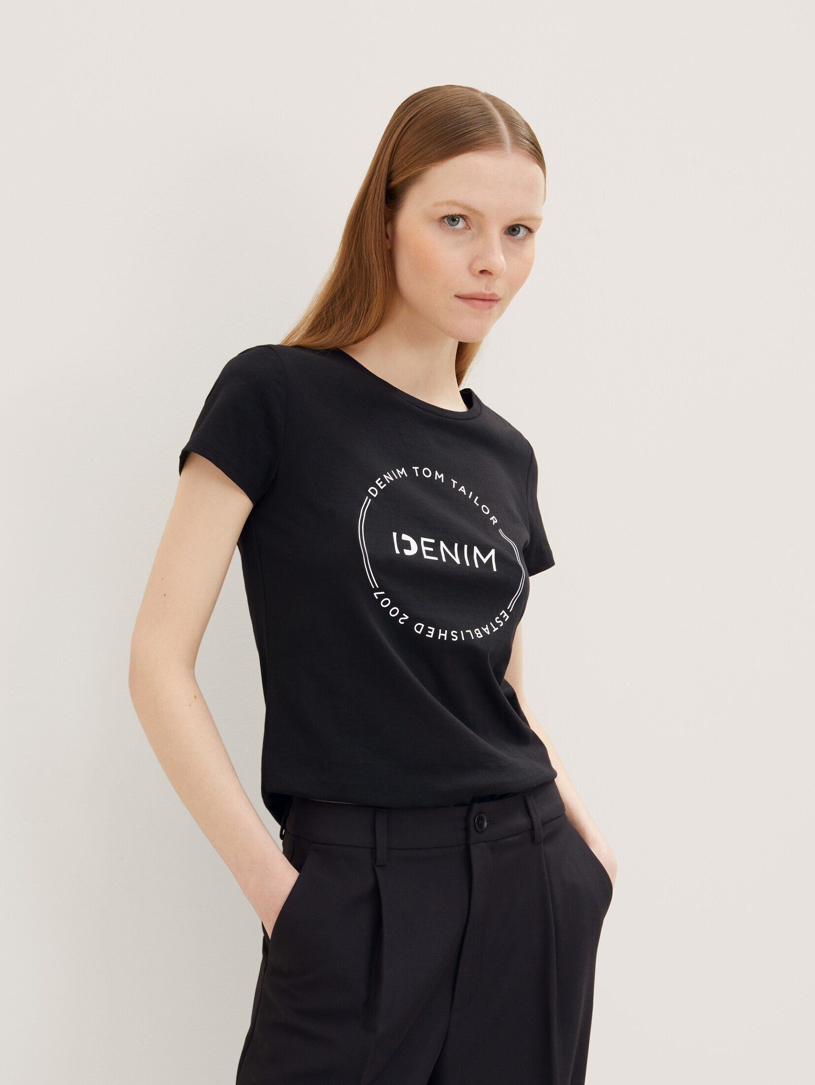 T-Shirt Langarmshirt mit black Logo deep Denim TAILOR Print TOM