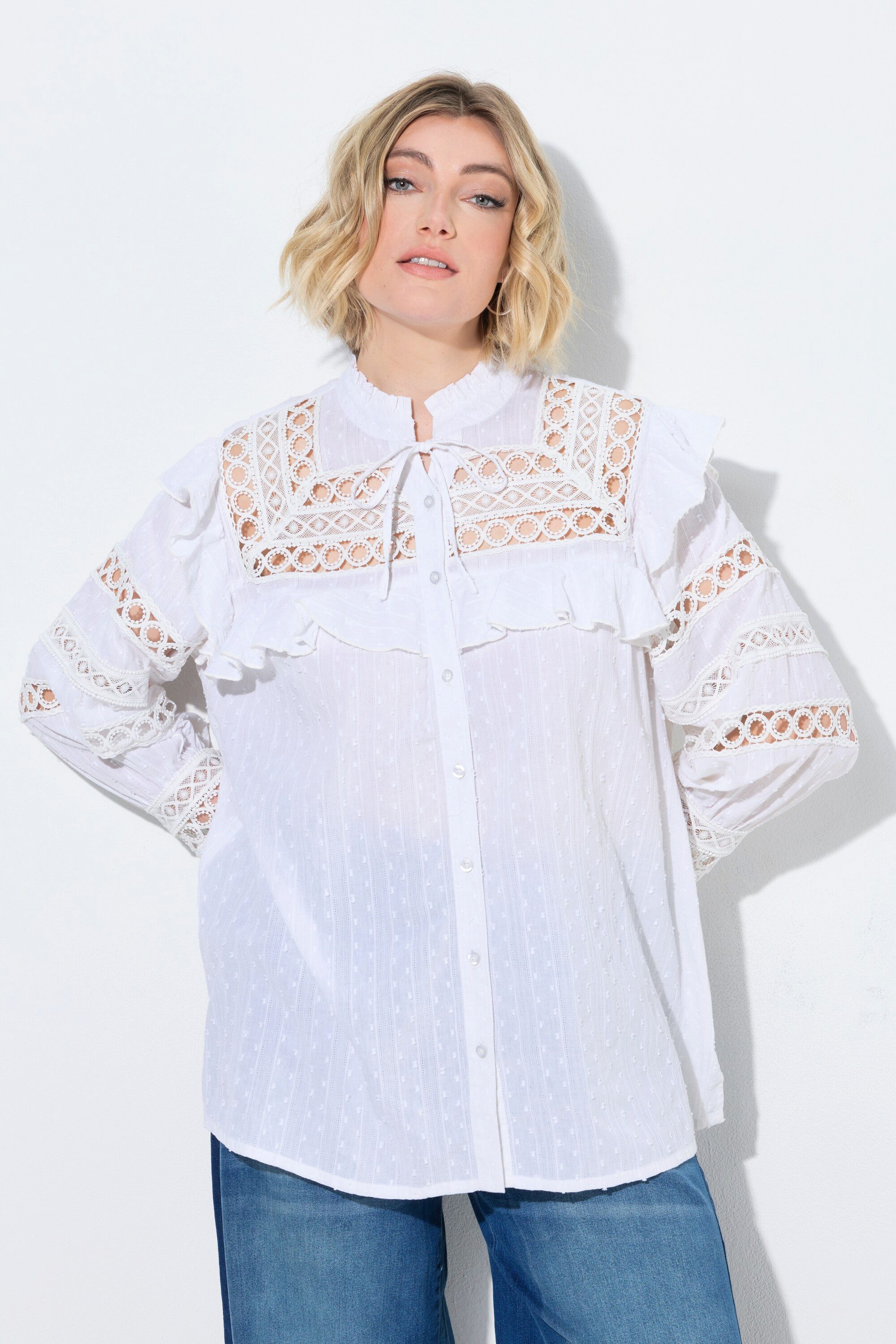 Ulla Popken Tunika Boho-Bluse Rüschen/Spitze Stehkragen Langarm