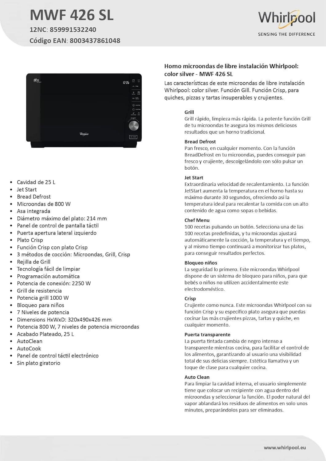 Whirlpool Mikrowelle, 25 Liter, silber