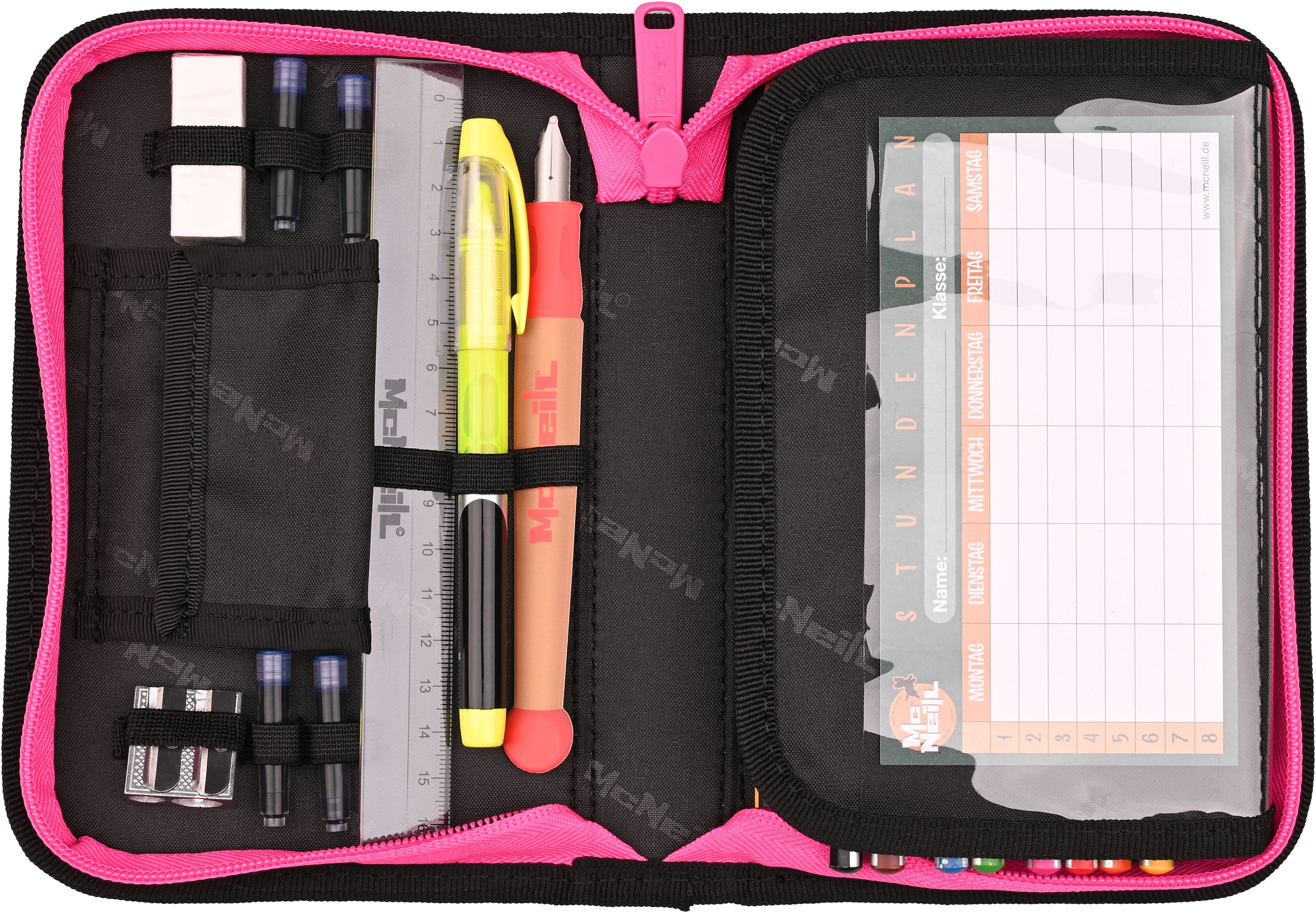 McNeill Schulranzen Primo, inkl. Etui, Turnbeutel, (Set, 9-tlg., Schlamperrolle, Trinkflasche, Lunchbox, 2 Magnete & 1 Anhänger)