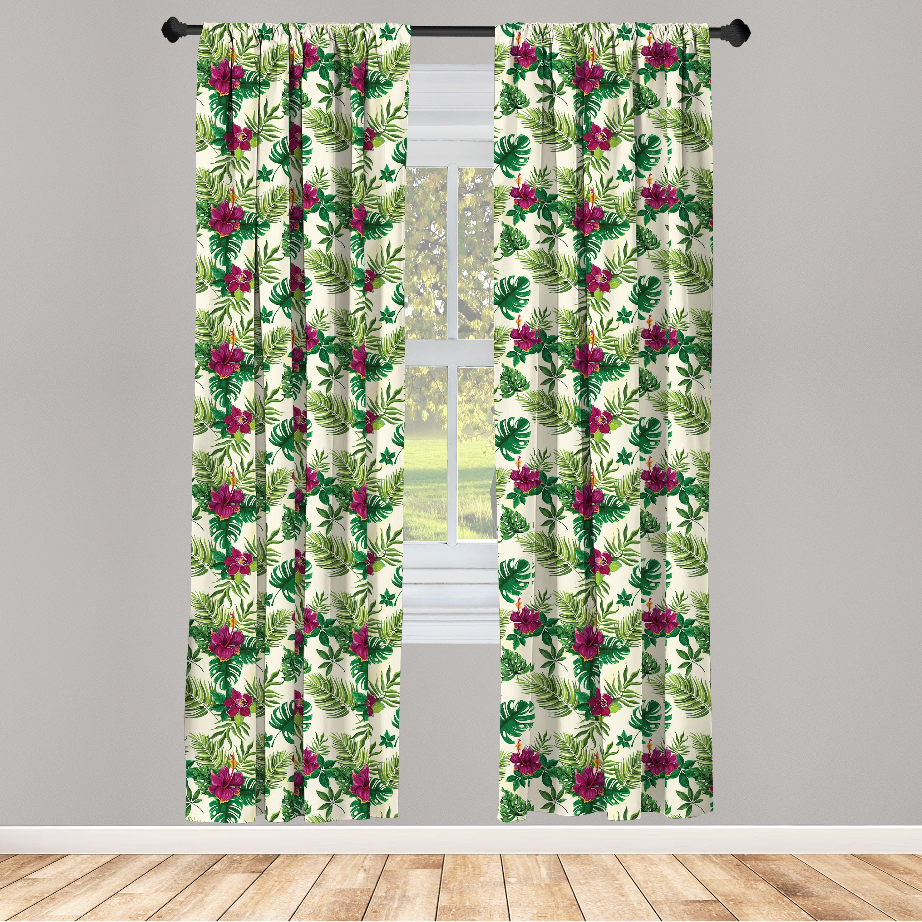 Palme Microfaser, und Gardine Schlafzimmer Wohnzimmer Abakuhaus, Vorhang Blätter Exotische Dekor, für Hibiscus