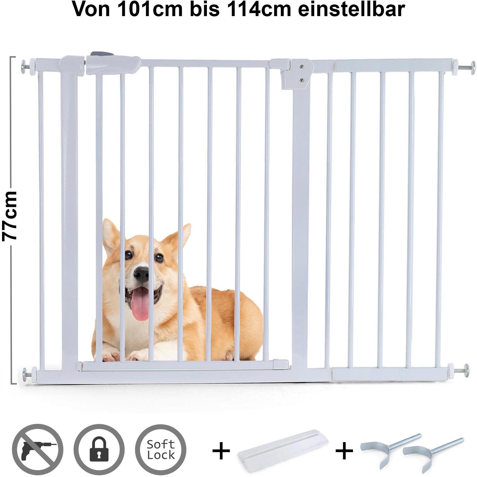 RAMROXX Treppenschutzgitter Absperrgitter Treppenschutz Metall + Rampe + Y Halter 101 -114cm 77cm, Mit Verlängerung 28 cm x Höhe: 77 cm x Tiefe: 2 cm