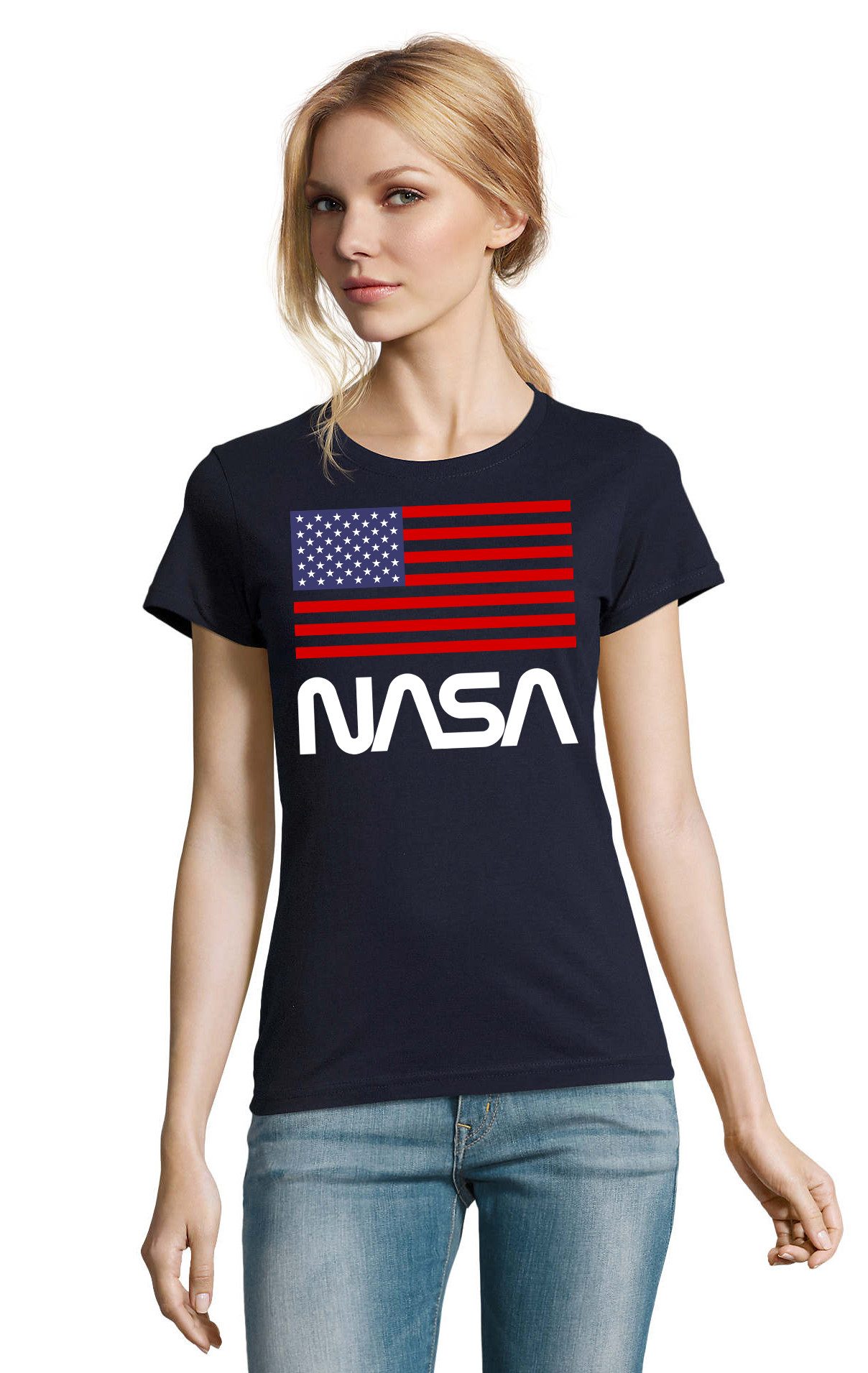T-Shirt NasaUSA Damen T Shirt NASA Flaggen Print Raumfahrt Motiv Shirt