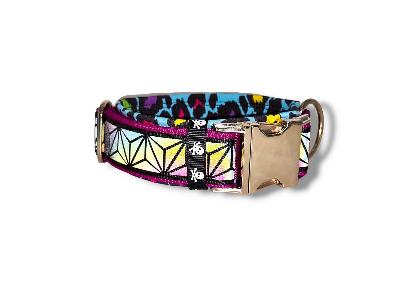 Thumbnail - D by E Couture Hunde-Halsband "Rainbow Leopard II", reflektierend, gepolstert, verstellbar, 50mm breit, Handmade