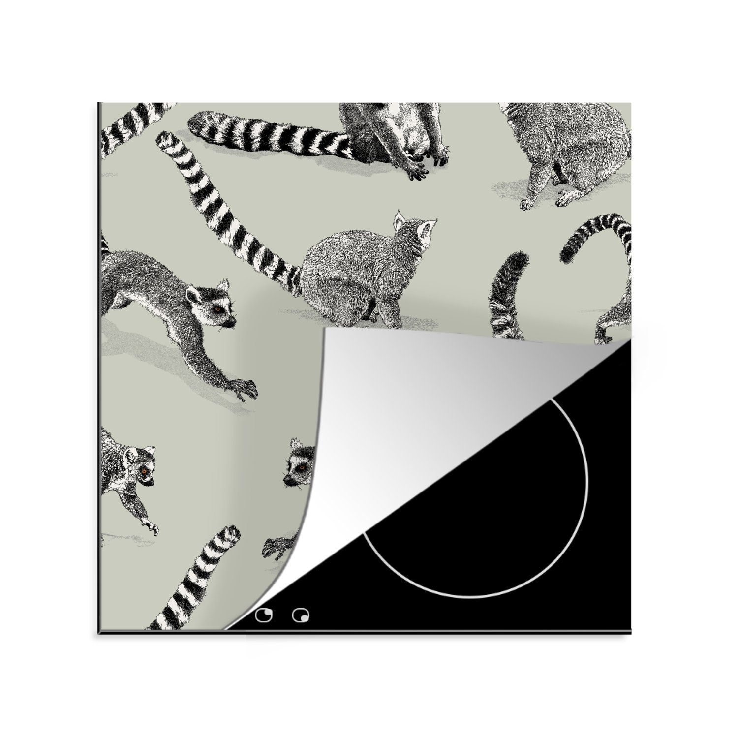 MuchoWow Herdblende-/Abdeckplatte Muster von für hellgrünen auf (1 küche Lemuren Ceranfeldabdeckung, Vinyl, cm, Arbeitsplatte 78x78 tlg), einem Hintergrund