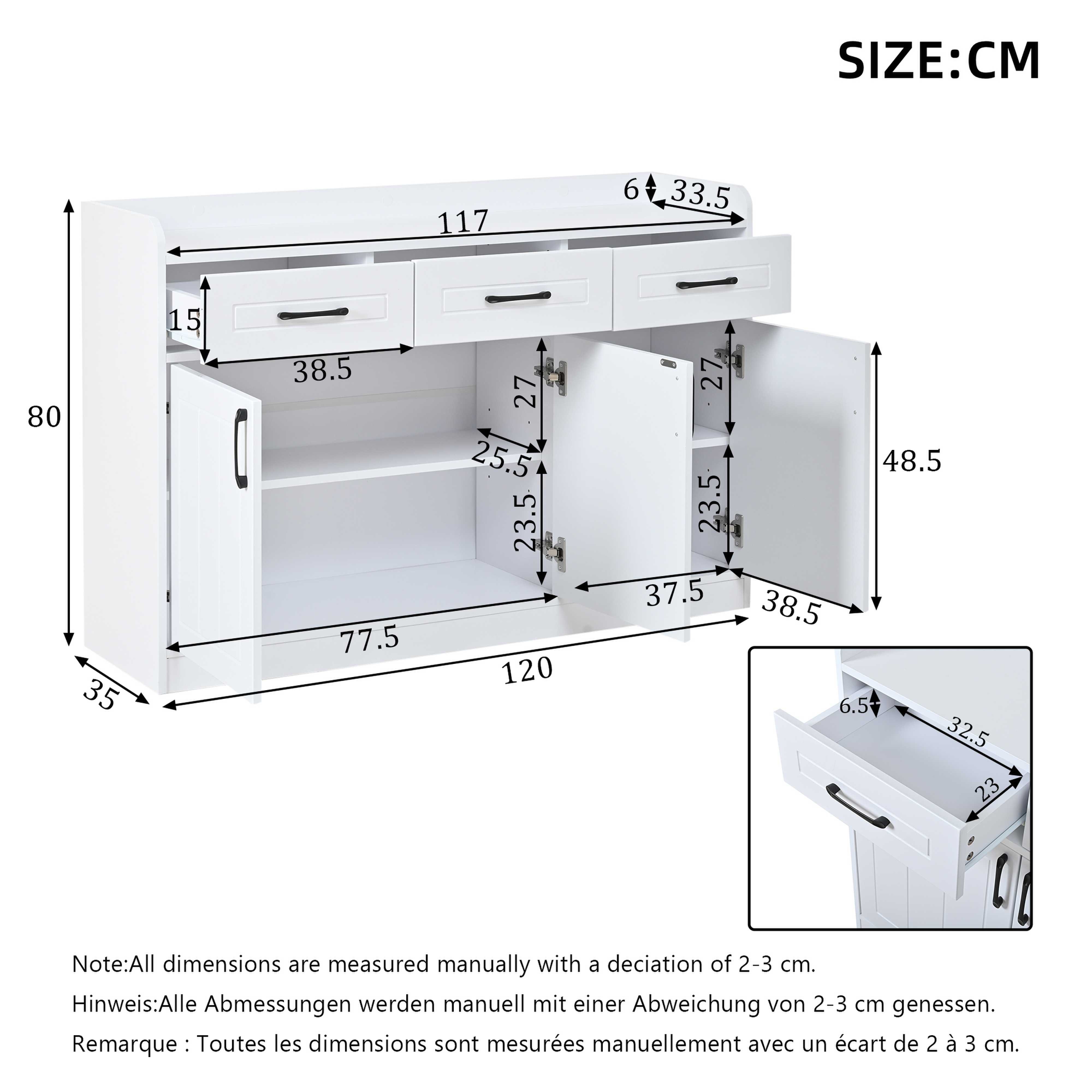BlingBin Wohnwand Wohnzimmerschrank mit 3 Schubladen & 3 Türen, (1-St., Flurschrank/Anrichte, Beistellschrank 120x35x80 cm Weiß), verstellbare Einlegeböden, Streifenfront, schwarze Griffe