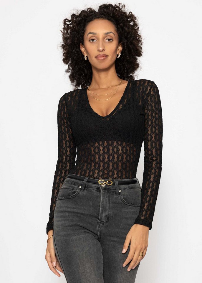 SASSYCLASSY Body Spitzenbody mit V-Ausschnitt für Damen Figurbetonter Body mit langen Ärmeln und Druckknopfverschluss Schwarz