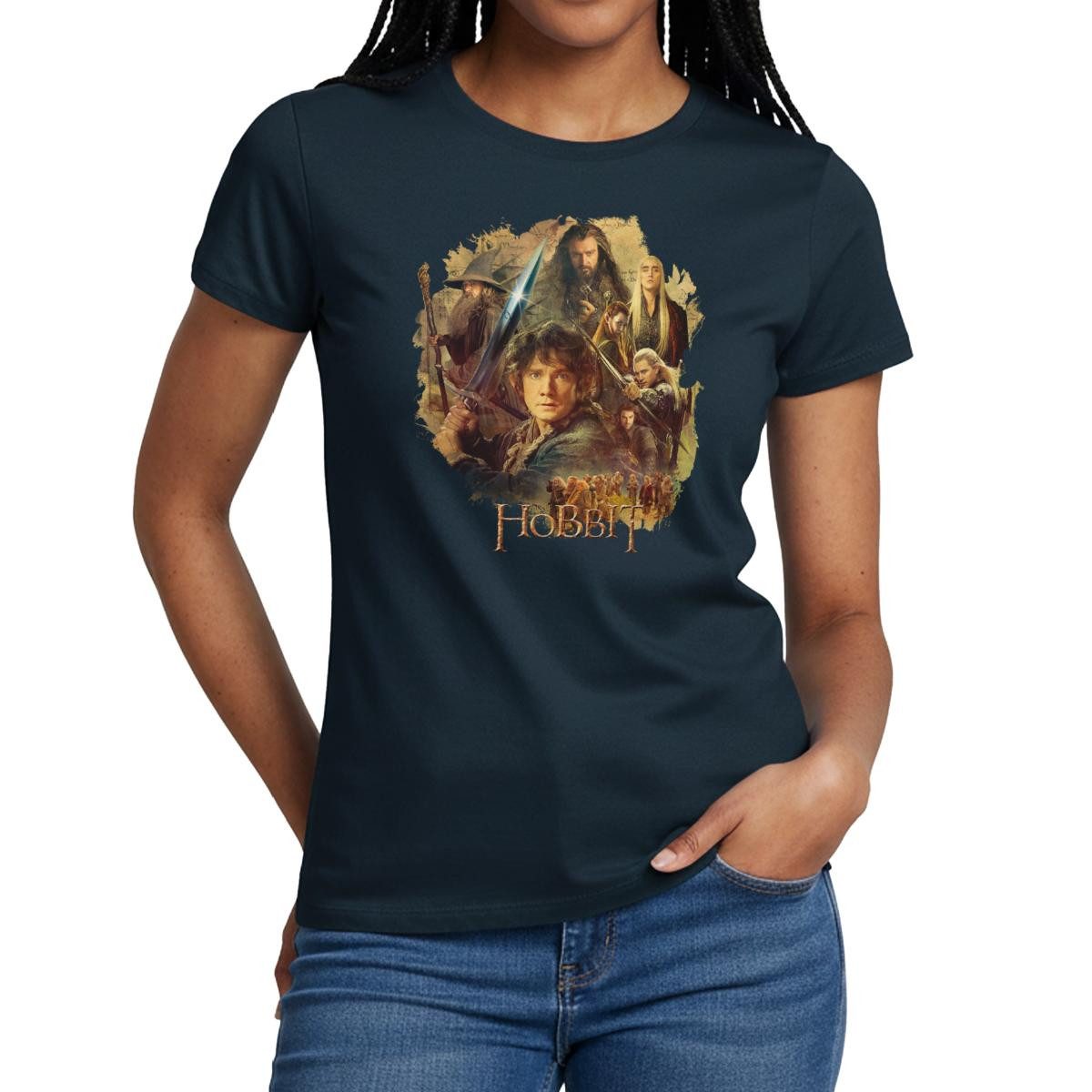 Spreadshirt T-Shirt Der Hobbit Charaktere Um Bilbo Beutlin Mit Stich Frauen T-Shirt (1-tlg) Slim Fit, fällt klein aus