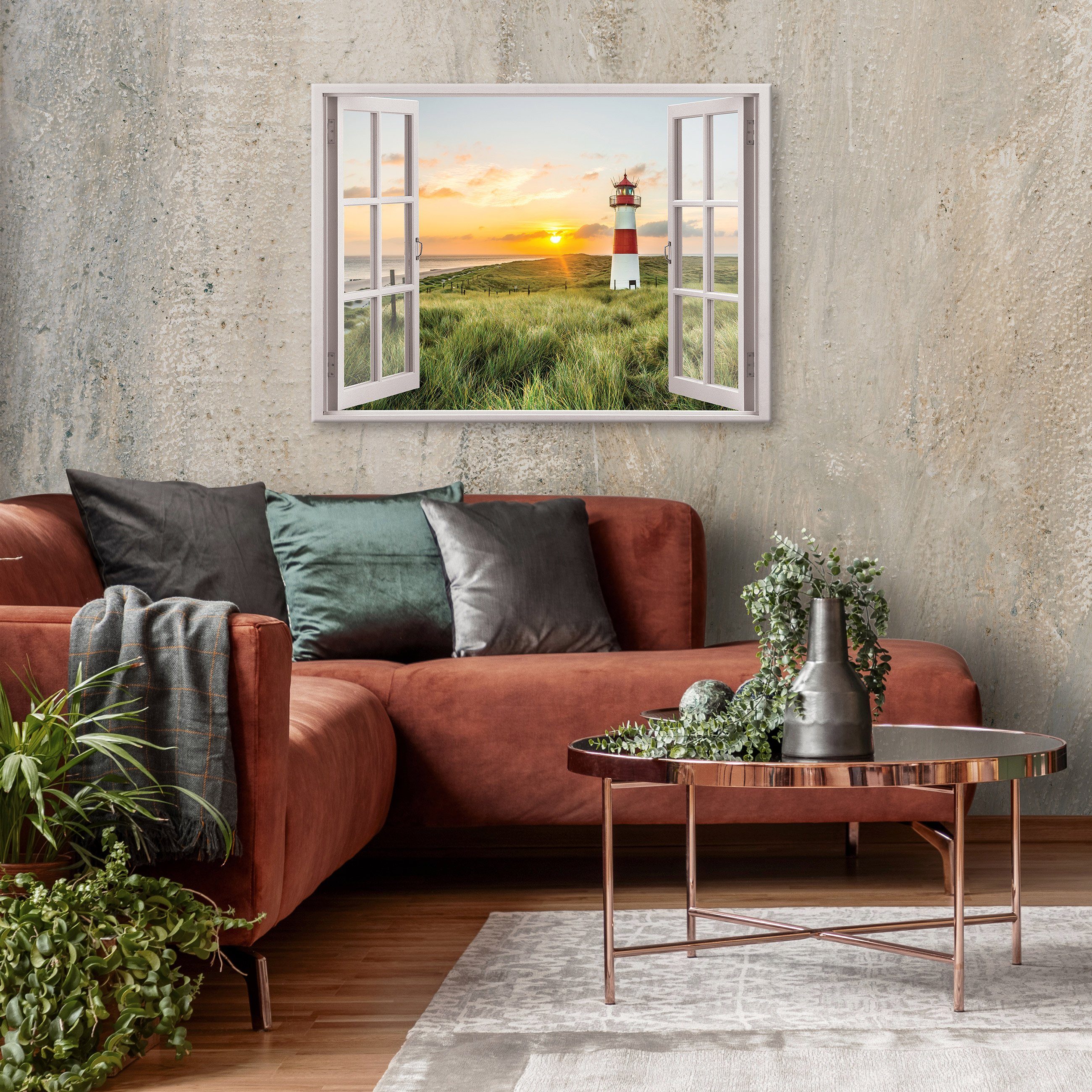 Wallarena Leinwandbild Fensterblick Natur Strand Leuchtturm Modern XXL Lein günstig online kaufen